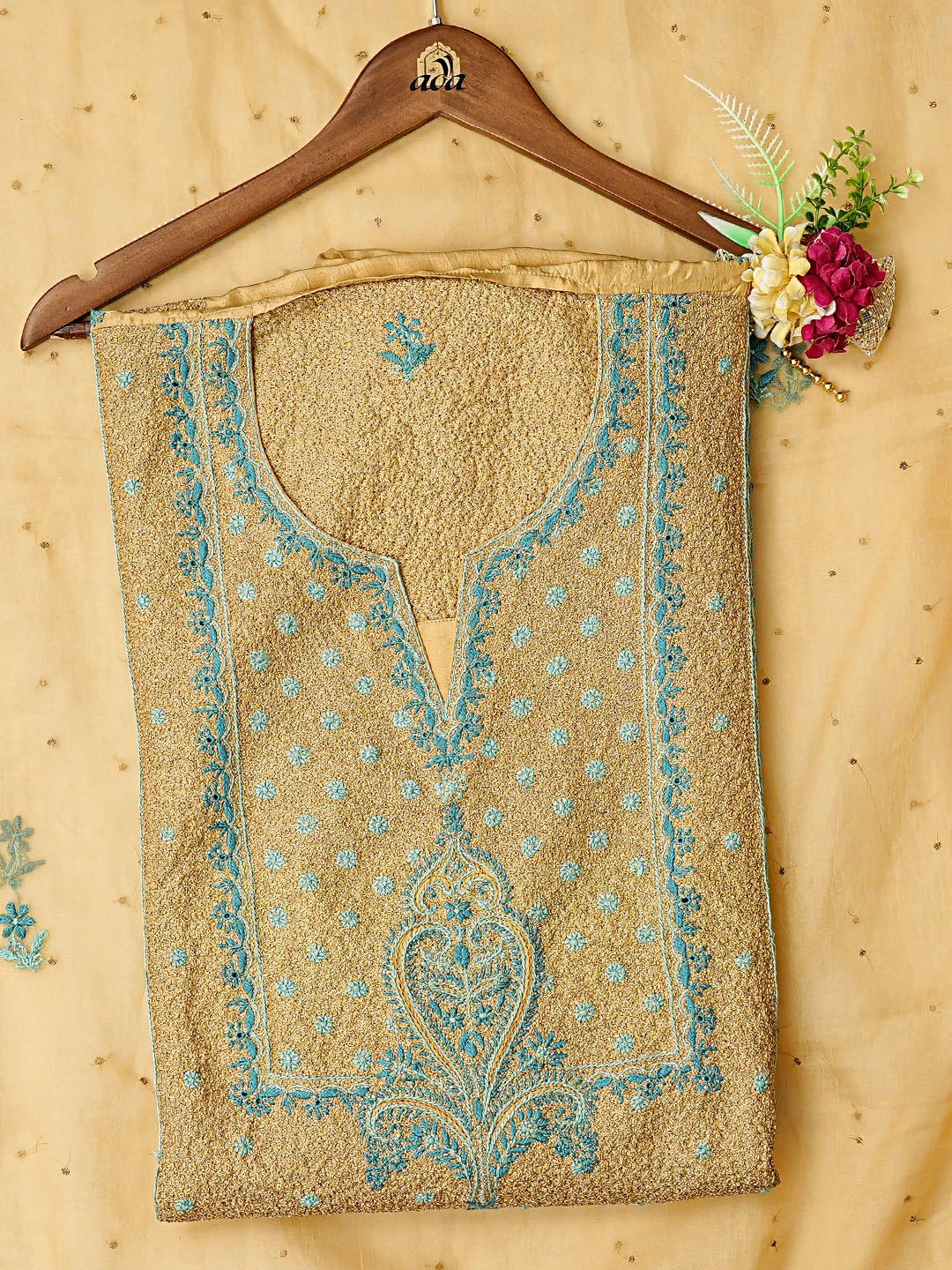 Ada Hand Embroidered Fawn Silk Lucknowi Chikankari Semi-stitched Kurta Dupatta Set With Zari Work 01A796092