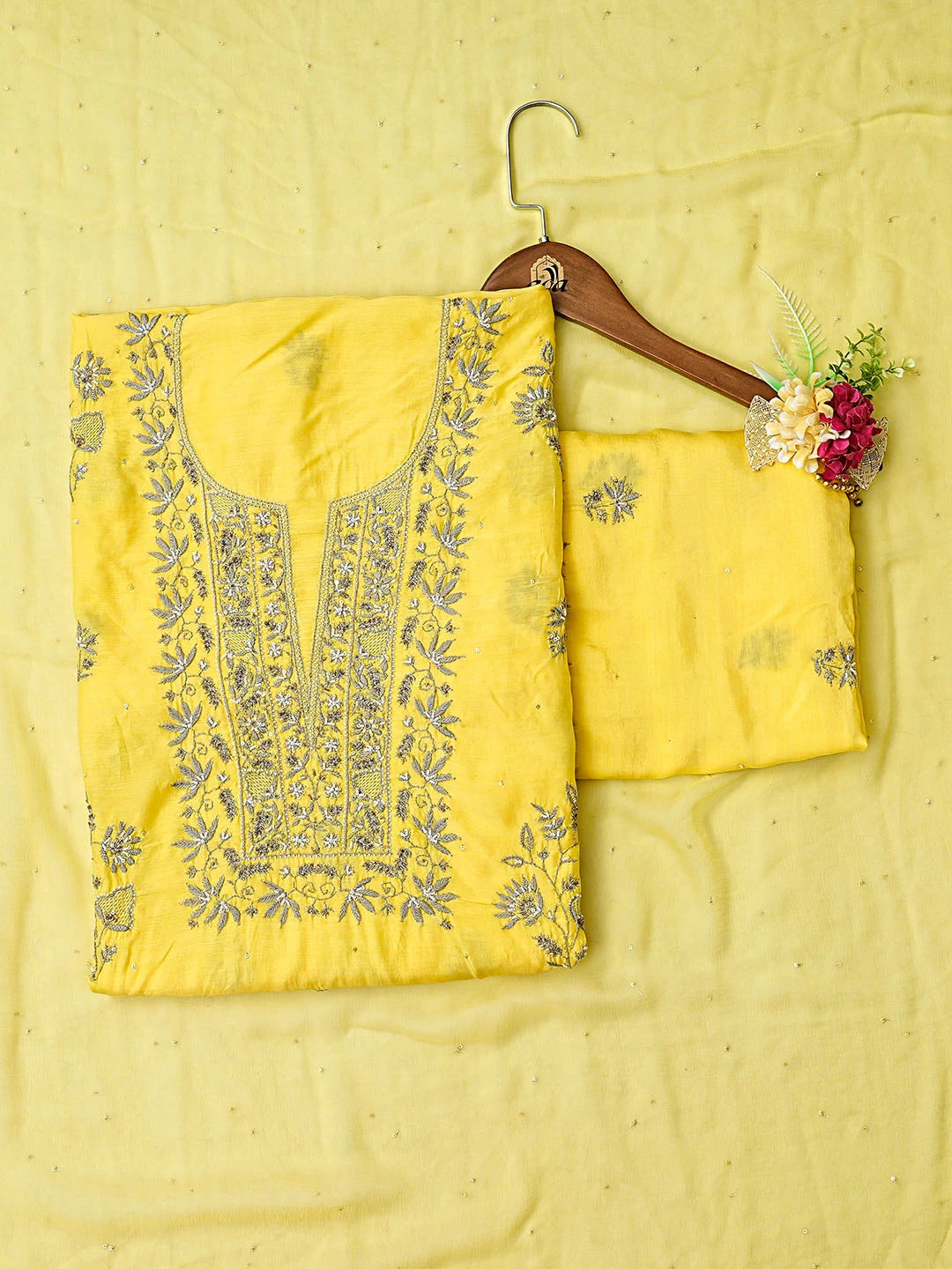 Ada Hand Embroidered Yellow Muslin Lucknowi Chikankari Unstitched Suit Piece With Cutdana Work 01A453842