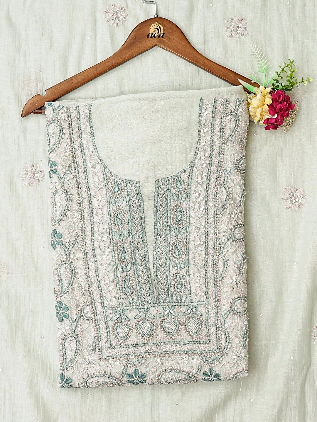 Ada Hand Embroidered Pistachio Green Chanderi Lucknowi Chikankari Unstitched Kurta Dupatta Set With Cutdana Work 01A638816