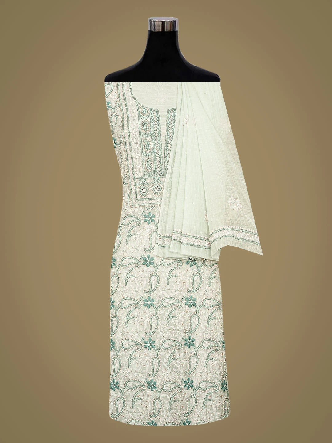 Ada Hand Embroidered Pistachio Green Chanderi Lucknowi Chikankari Unstitched Kurta Dupatta Set With Cutdana Work 01A638816