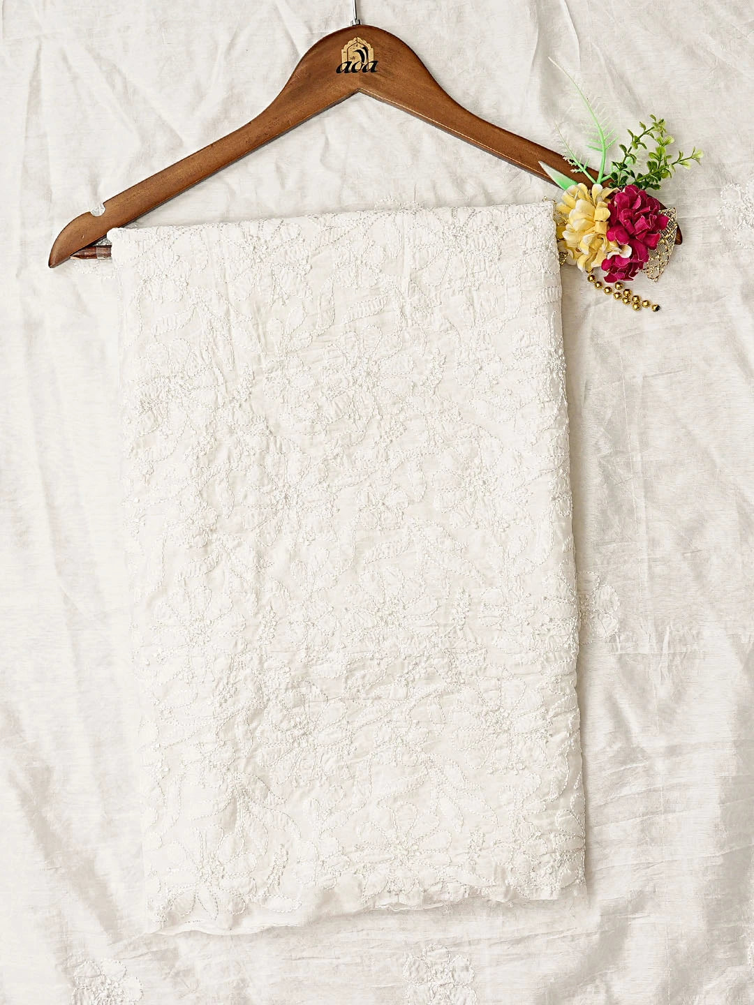 Ada Hand Embroidered White Chanderi Lucknowi Chikankari Unstitched Kurta Dupatta Set 01A798337