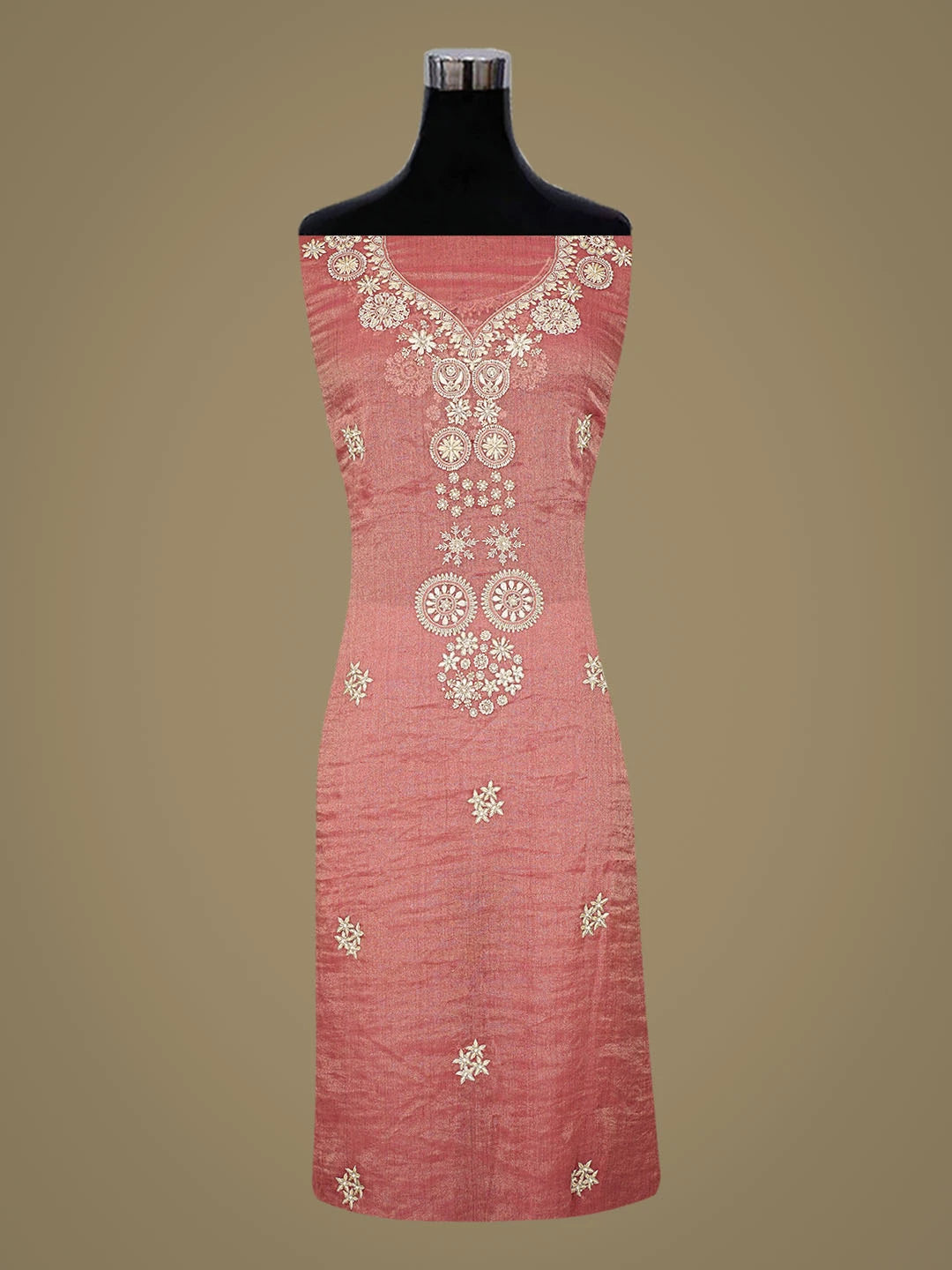 Ada Hand Embroidered Dusty Peach Tissue Lucknowi Chikankari Unstitched Kurta Dupatta Set With Cutdana Work 01A794743