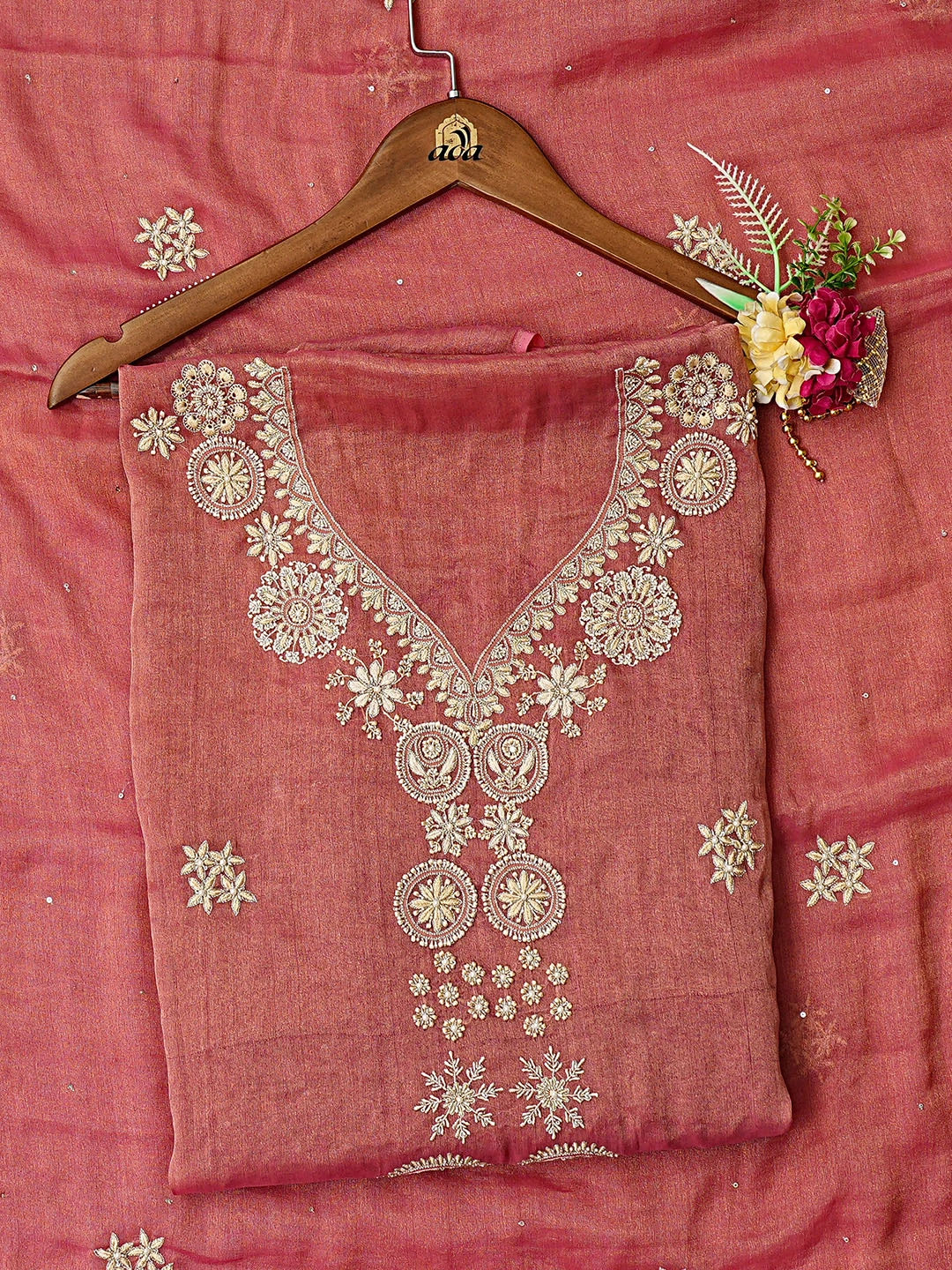 Ada Hand Embroidered Dusty Peach Tissue Lucknowi Chikankari Unstitched Kurta Dupatta Set With Cutdana Work 01A794743