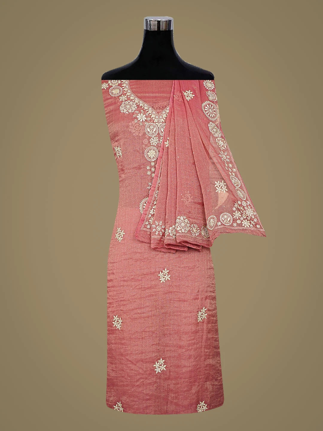 Ada Hand Embroidered Dusty Peach Tissue Lucknowi Chikankari Unstitched Kurta Dupatta Set With Cutdana Work 01A794743
