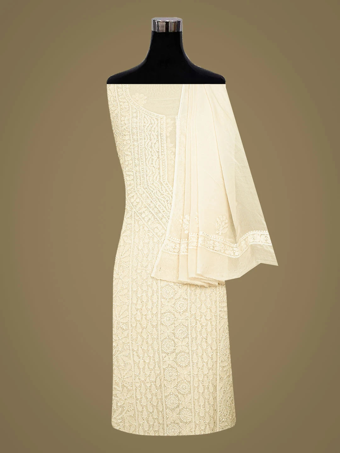 Ada Hand Embroidered Cream Viscose Georgette Lucknowi Chikankari Unstitched Kurta Dupatta Set With Sequinned Work 01A578875