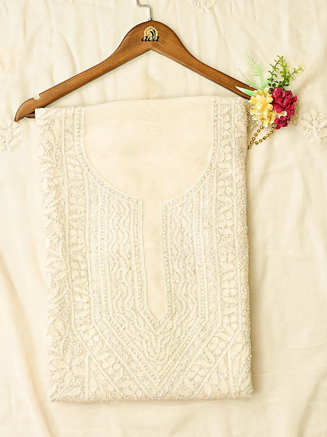 Ada Hand Embroidered Cream Viscose Georgette Lucknowi Chikankari Unstitched Kurta Dupatta Set With Sequinned Work 01A578875