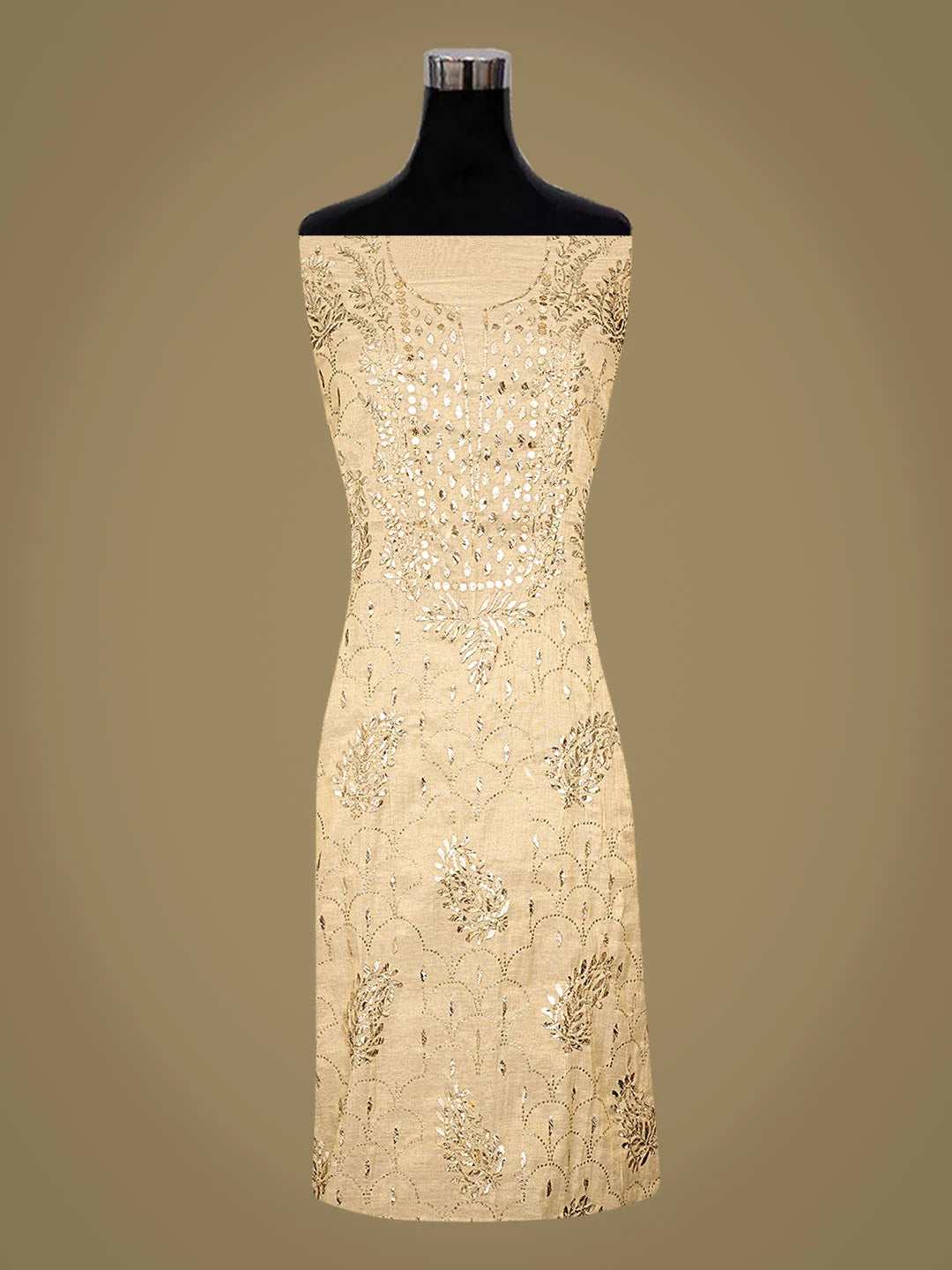 Ada Hand Embroidered Fawn Tissue Lucknowi Chikankari Unstitched Kurta Dupatta Set With Mukaish Work 01A850928