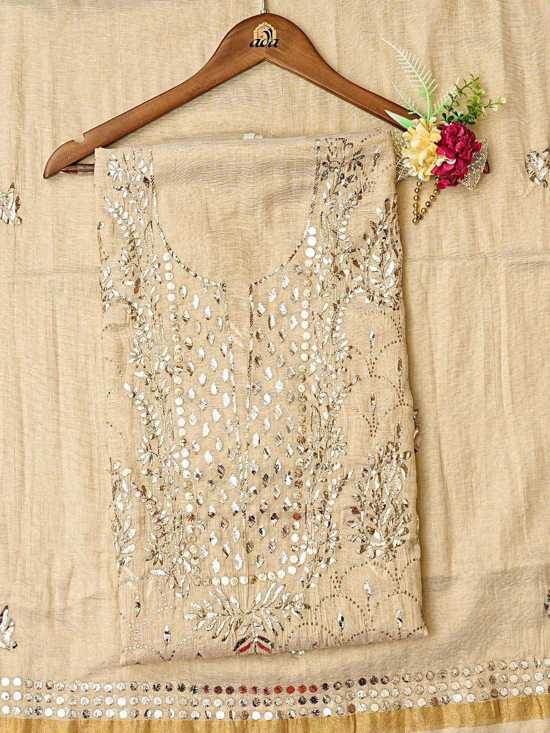 Ada Hand Embroidered Fawn Tissue Lucknowi Chikankari Unstitched Kurta Dupatta Set With Mukaish Work 01A850928
