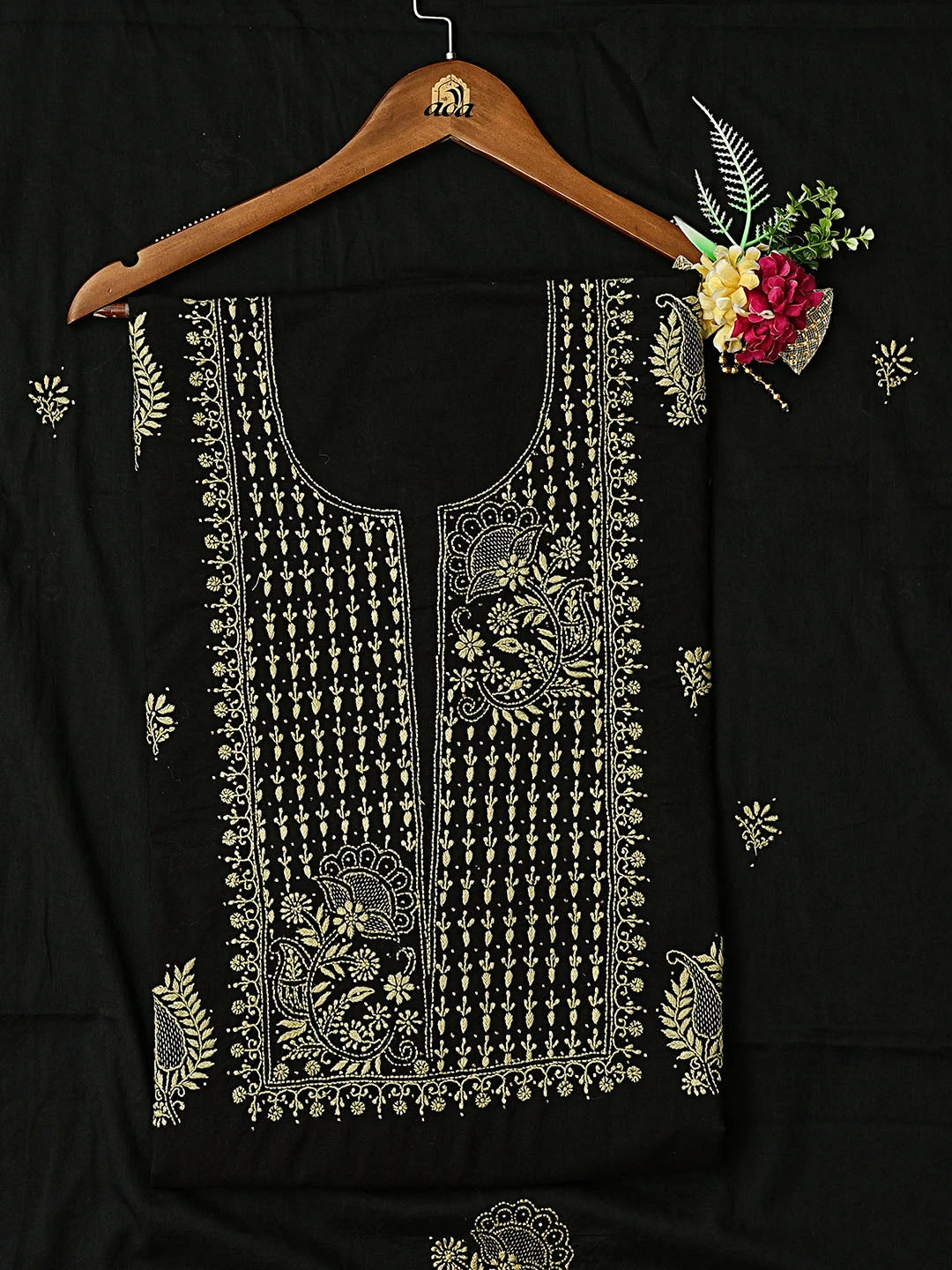 Ada Hand Embroidered Black Cotton Lucknowi Chikankari Unstitched Kurta Dupatta Set With Mukaish Work 01A760418
