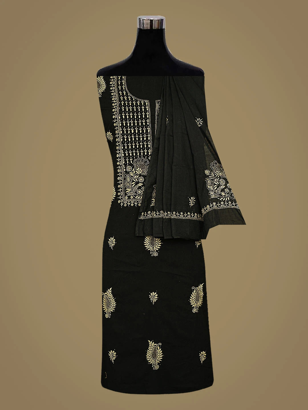 Ada Hand Embroidered Black Cotton Lucknowi Chikankari Unstitched Kurta Dupatta Set With Mukaish Work 01A760418