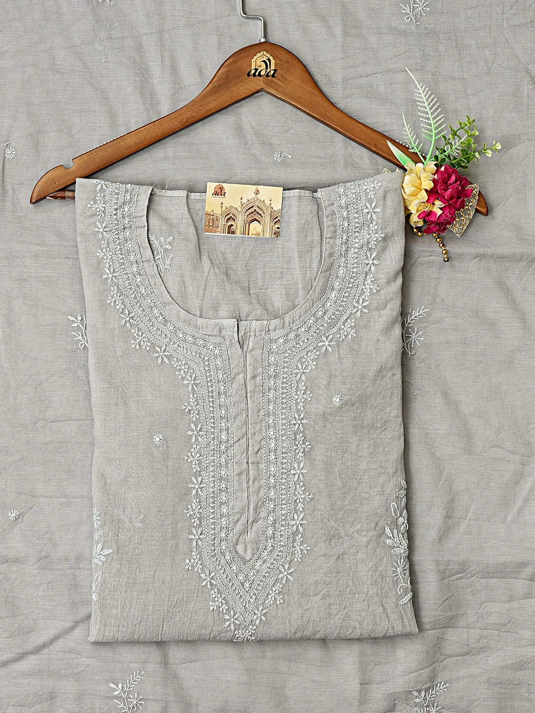 Ada Hand Embroidered Grey Chanderi Lucknowi Chikankari Semi-Stitched Kurta Dupatta Set 01A852615
