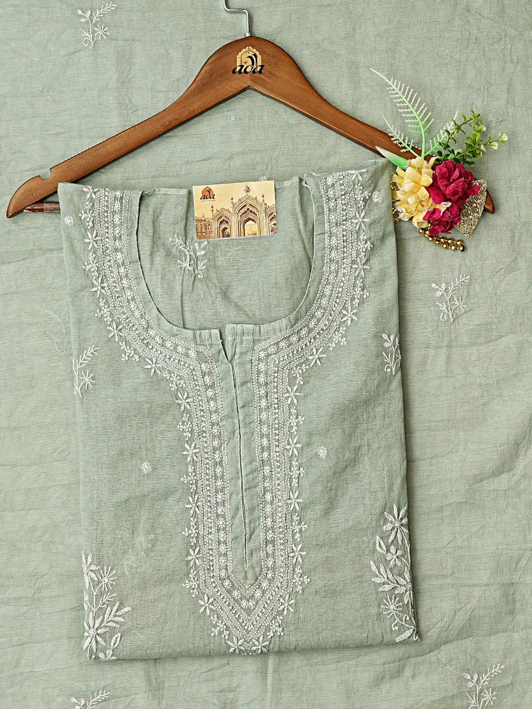 Ada Hand Embroidered Teal Green Chanderi Lucknowi Chikankari Semi-Stitched Kurta Dupatta Set 01A852623