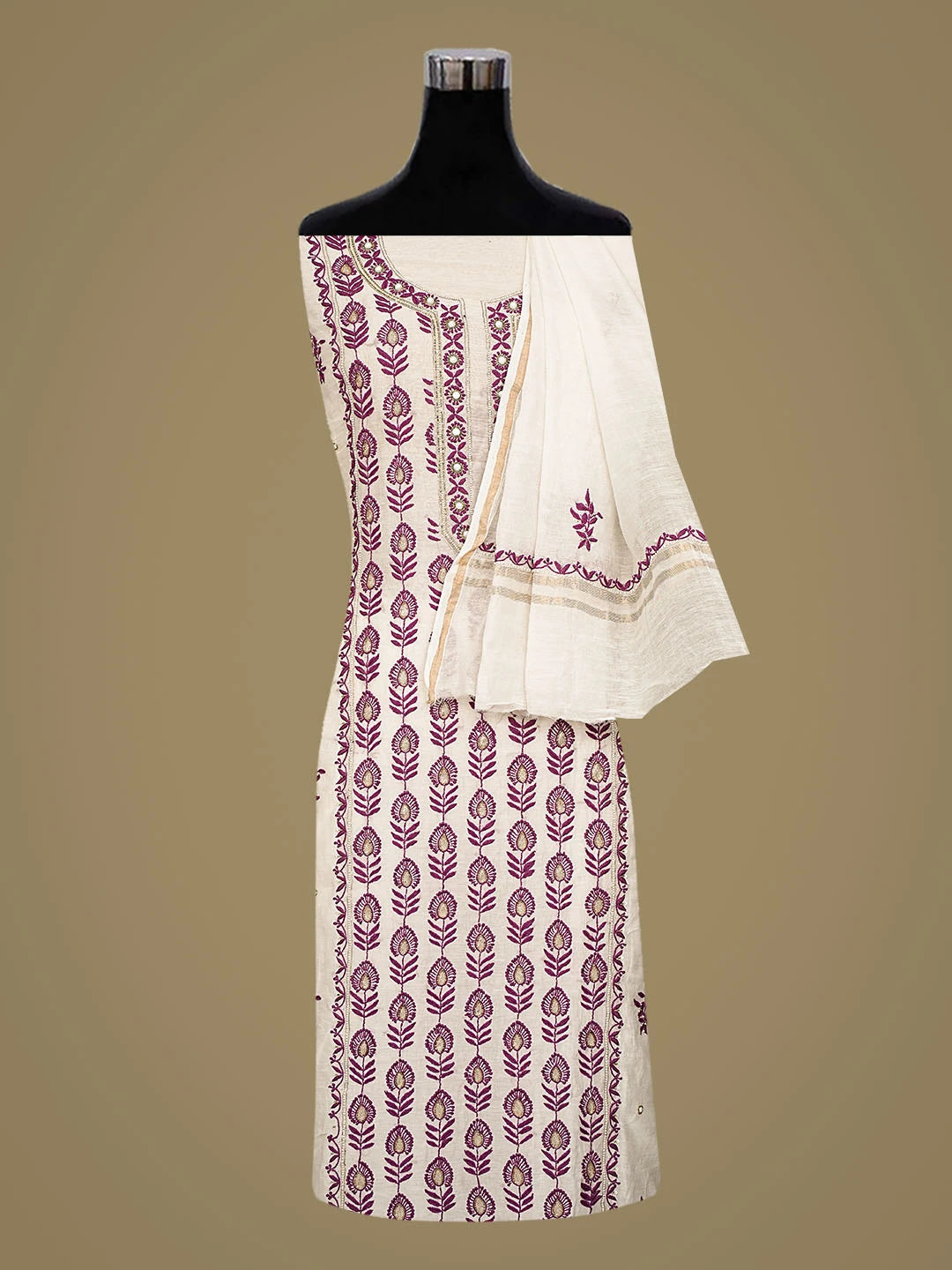 Ada Hand Embroidered White Chanderi Lucknowi Chikankari Unstitched Kurta Dupatta Set With Cutdana Work 01A517018