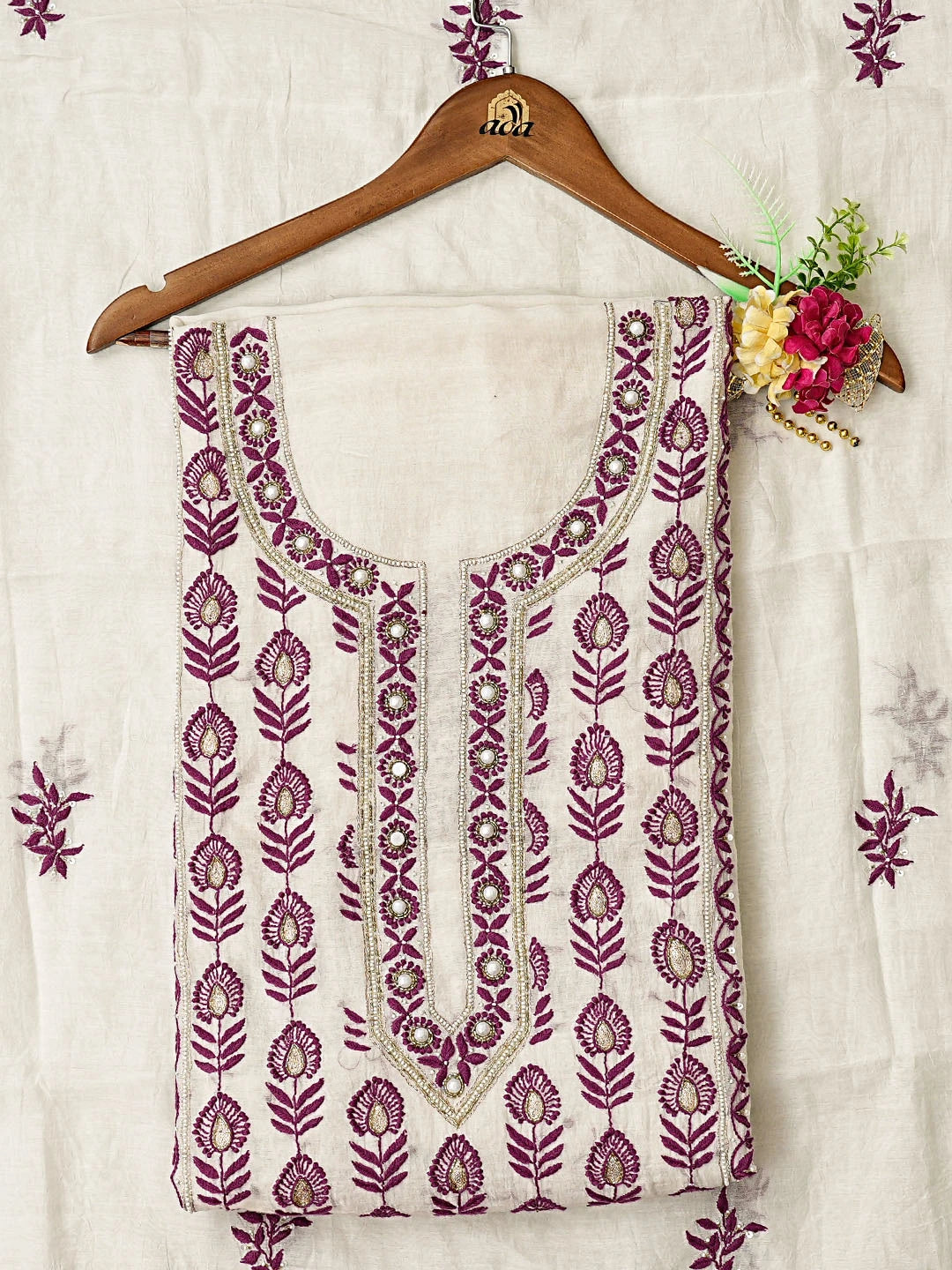 Ada Hand Embroidered White Chanderi Lucknowi Chikankari Unstitched Kurta Dupatta Set With Cutdana Work 01A517018