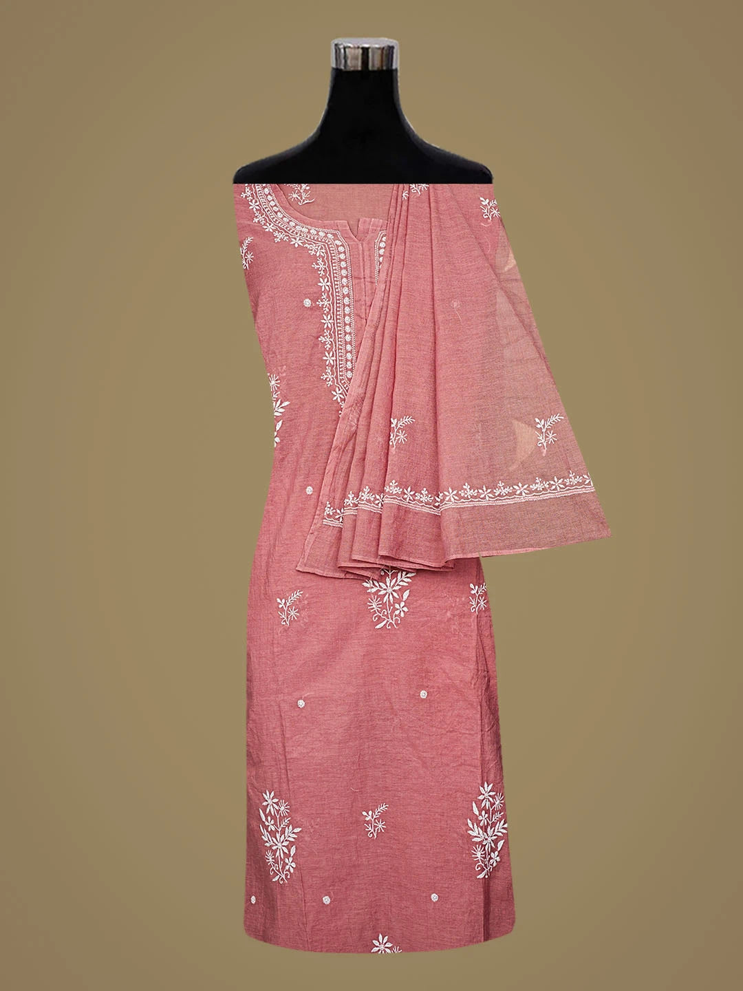 Ada Hand Embroidered Onion Pink Chanderi Lucknowi Chikankari Semi-Stitched Kurta Dupatta Set 01A857149