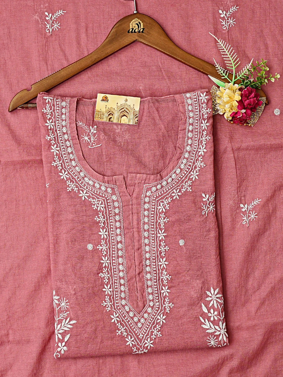 Ada Hand Embroidered Onion Pink Chanderi Lucknowi Chikankari Semi-Stitched Kurta Dupatta Set 01A857149