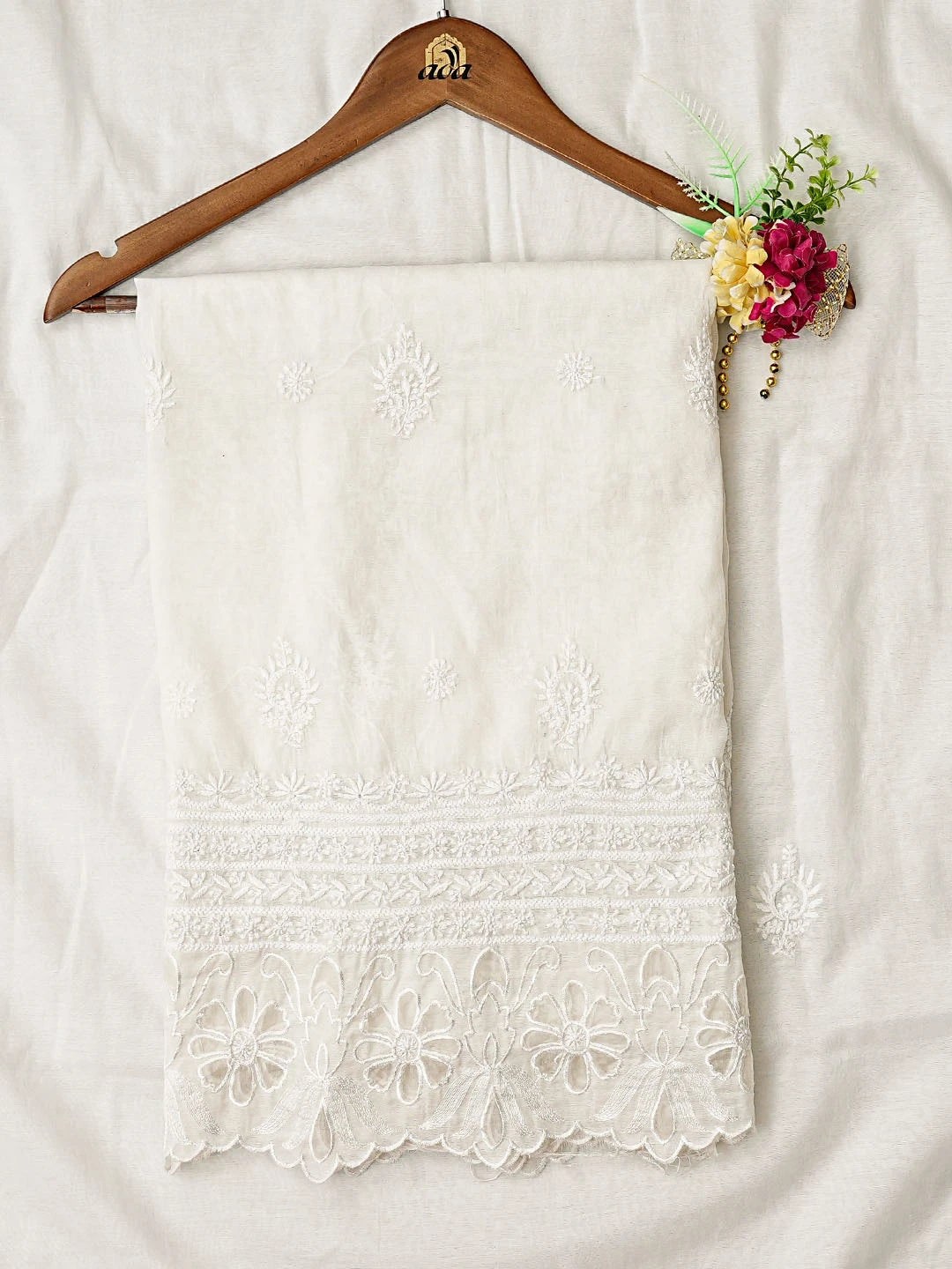 Ada Hand Embroidered White Chanderi Lucknowi Chikankari Unstitched Kurta Dupatta Set 01A417490