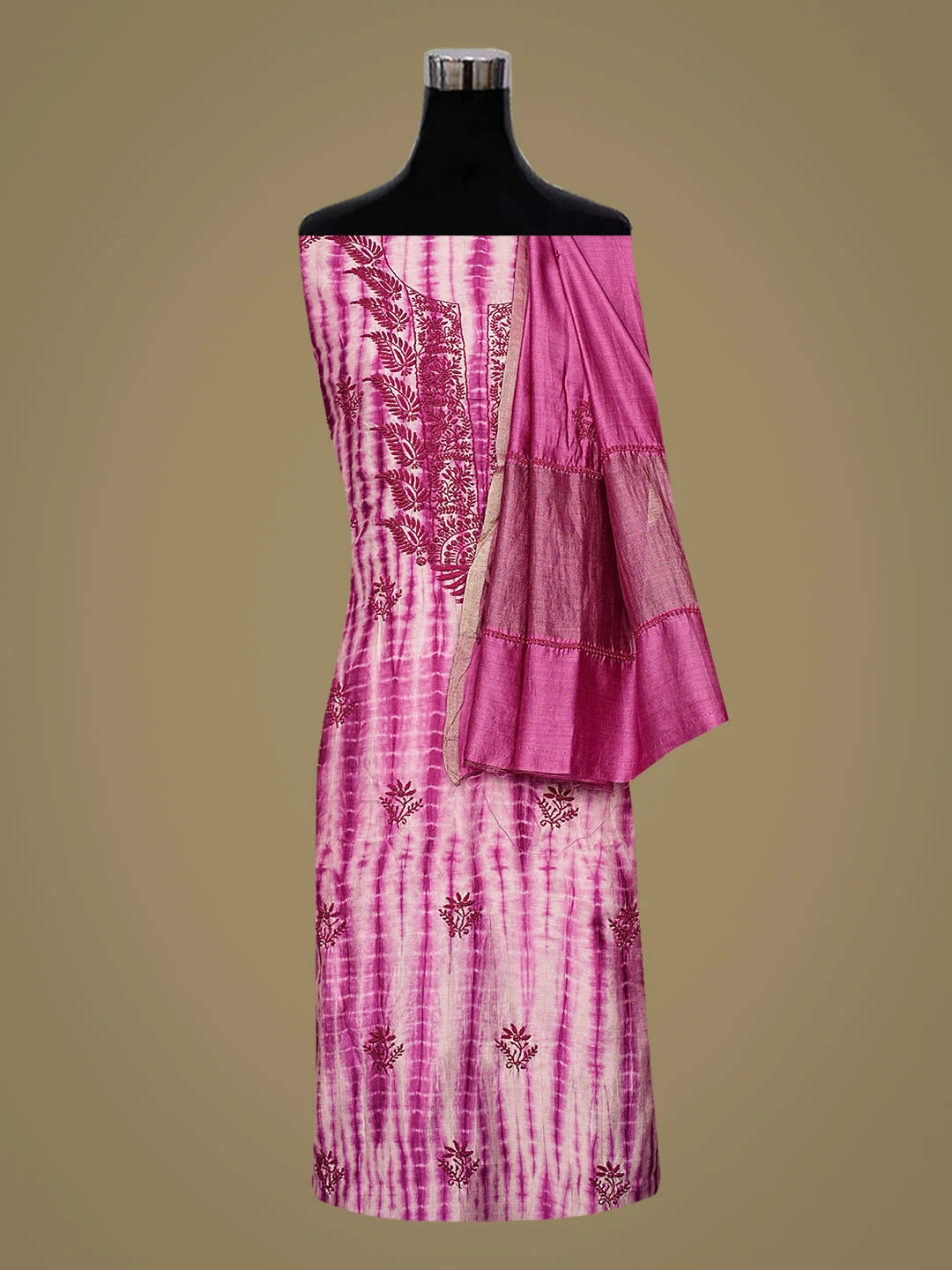 Ada Hand Embroidered Magenta Silk Lucknowi Chikankari Unstitched Kurta Dupatta Set 01A680056