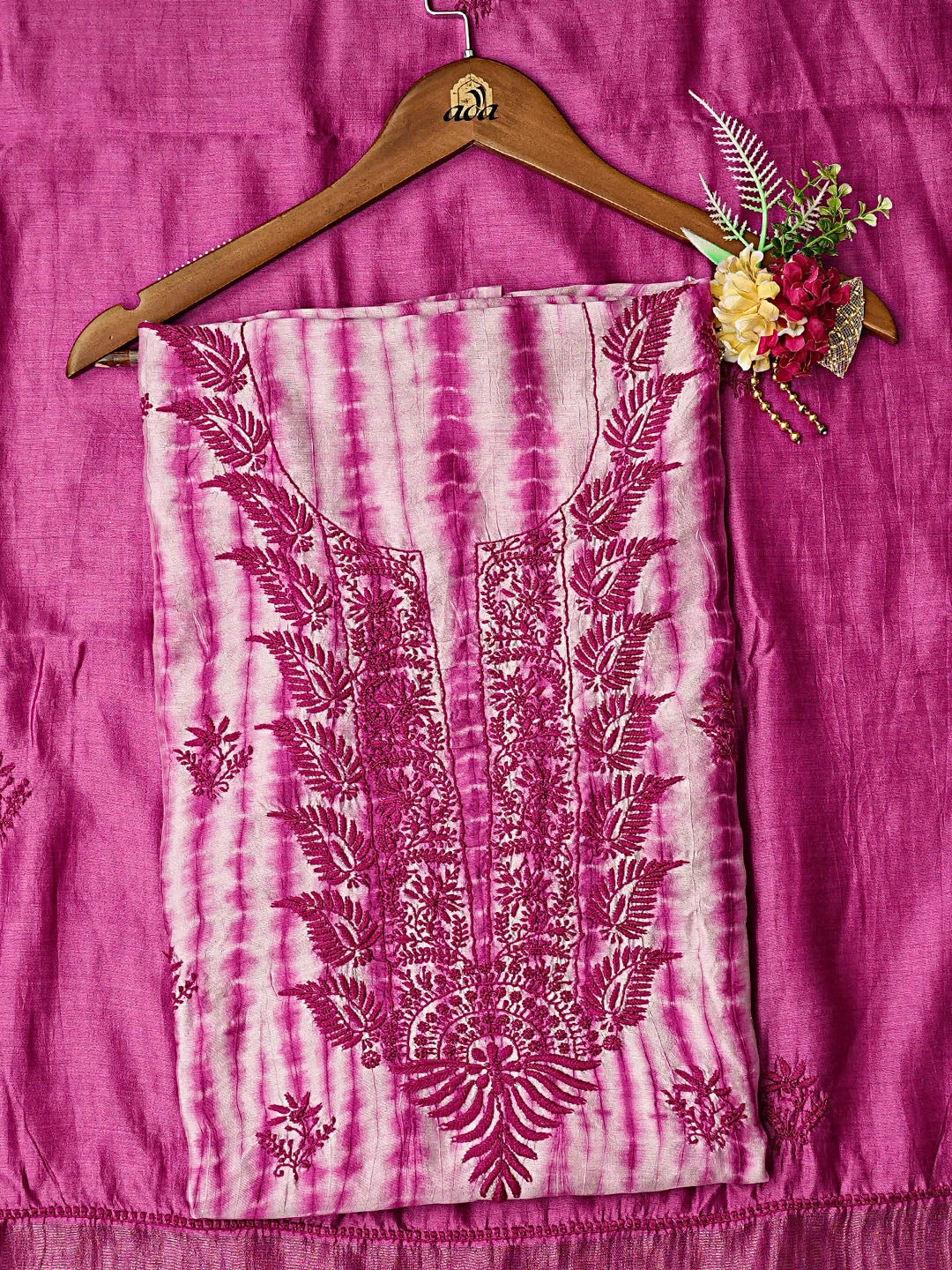 Ada Hand Embroidered Magenta Silk Lucknowi Chikankari Unstitched Kurta Dupatta Set 01A680056