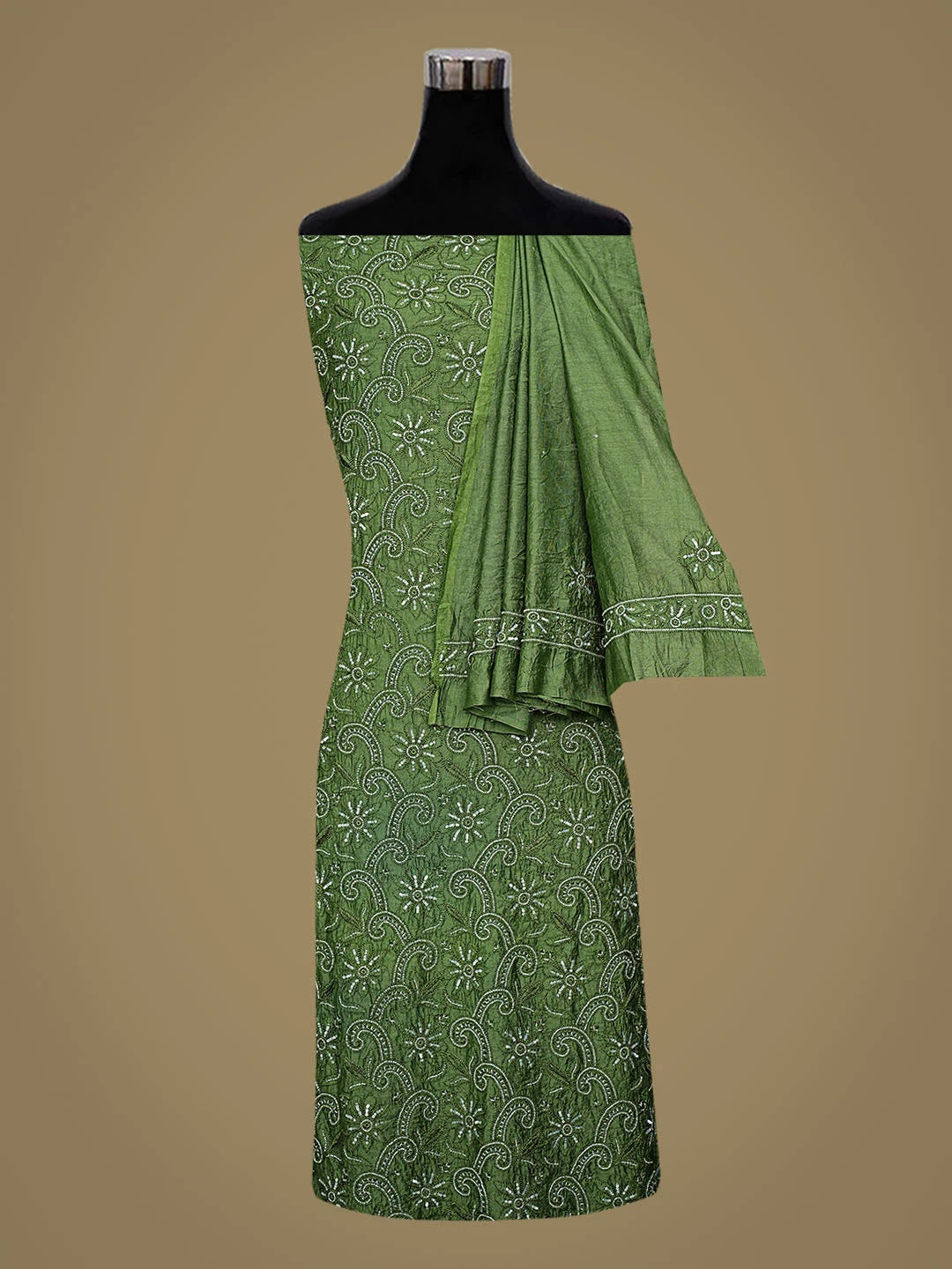 Ada Hand Embroidered Green Chanderi Lucknowi Chikankari Unstitched Kurta Dupatta Set With Cutdana Work 01A584804