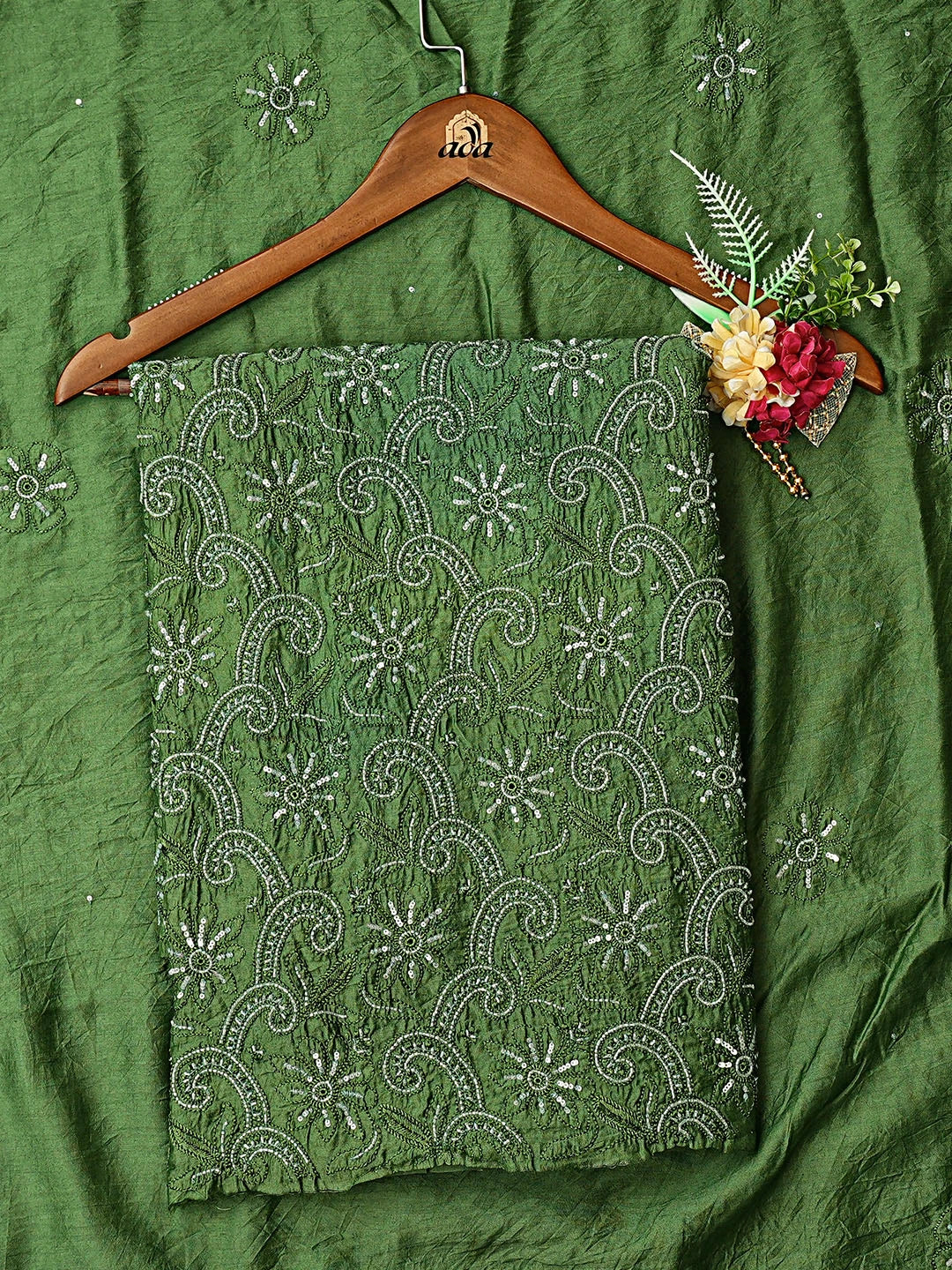 Ada Hand Embroidered Green Chanderi Lucknowi Chikankari Unstitched Kurta Dupatta Set With Cutdana Work 01A584804