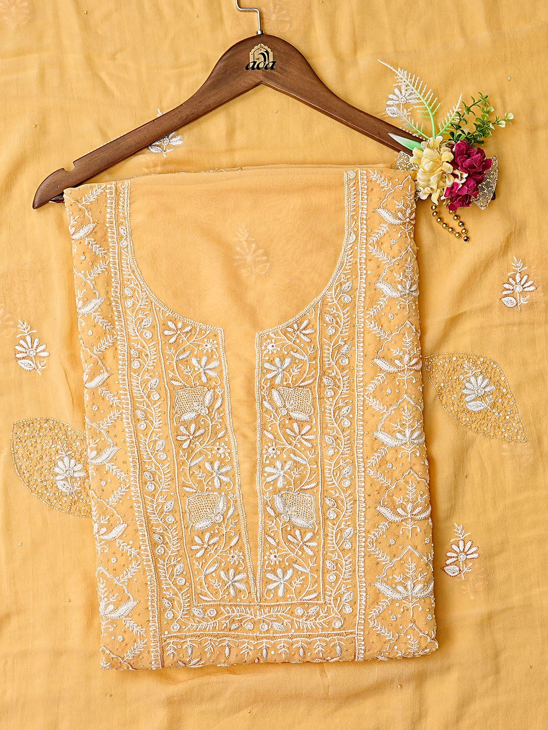 Ada Hand Embroidered Yellow Pure Georgette Lucknowi Chikankari Unstitched Kurta Dupatta Set With Cutdana Work 01A712919