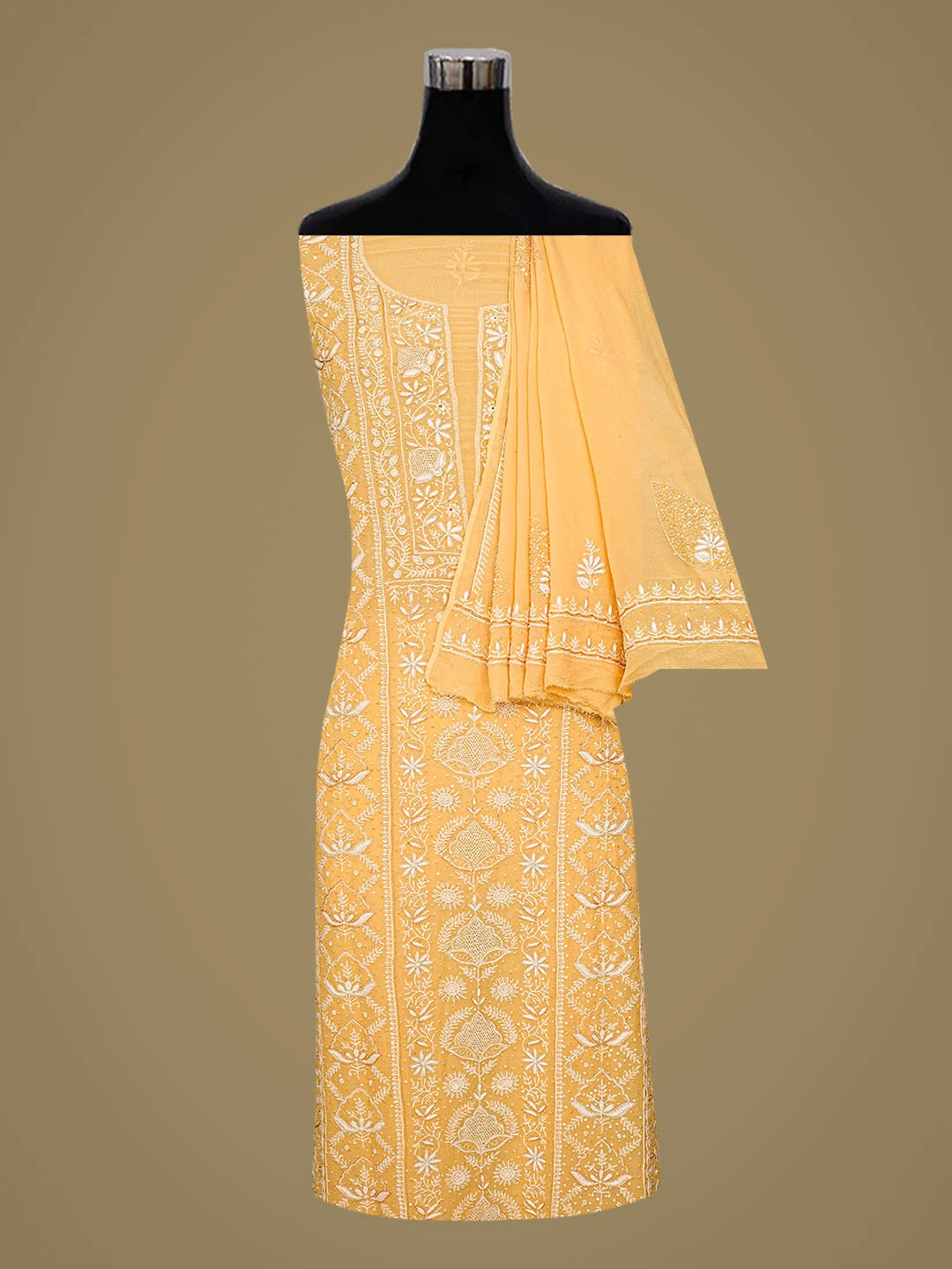 Ada Hand Embroidered Yellow Pure Georgette Lucknowi Chikankari Unstitched Kurta Dupatta Set With Cutdana Work 01A712919