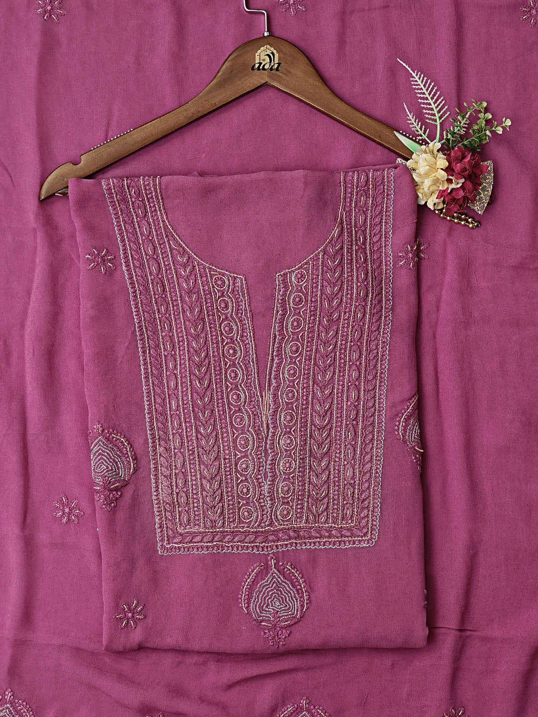 Ada Hand Embroidered Mauve Pink Viscsose Georgette Lucknowi Chikankari Unstitched Kurta Dupatta Set With Cutdana Work 01A337616