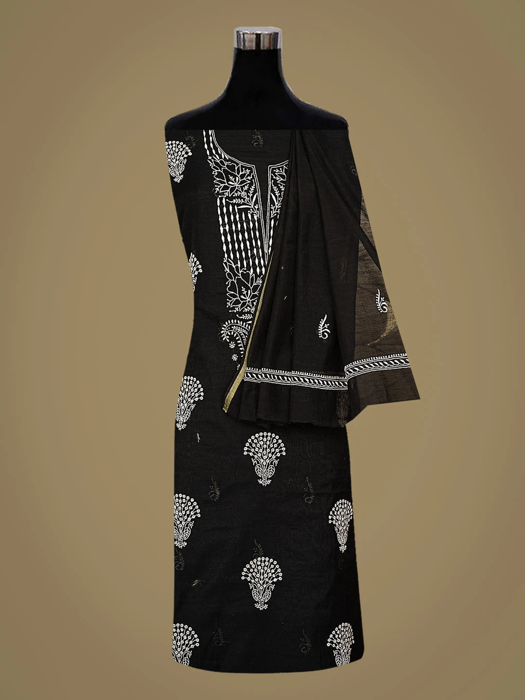 Ada Hand Embroidered Black Chanderi Lucknowi Chikankari Unstitched Kurta Dupatta Set 01A350804