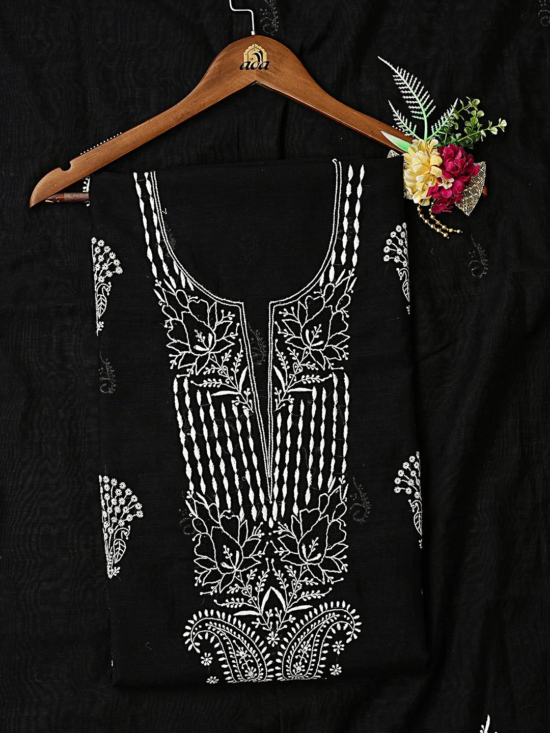 Ada Hand Embroidered Black Chanderi Lucknowi Chikankari Unstitched Kurta Dupatta Set 01A350804