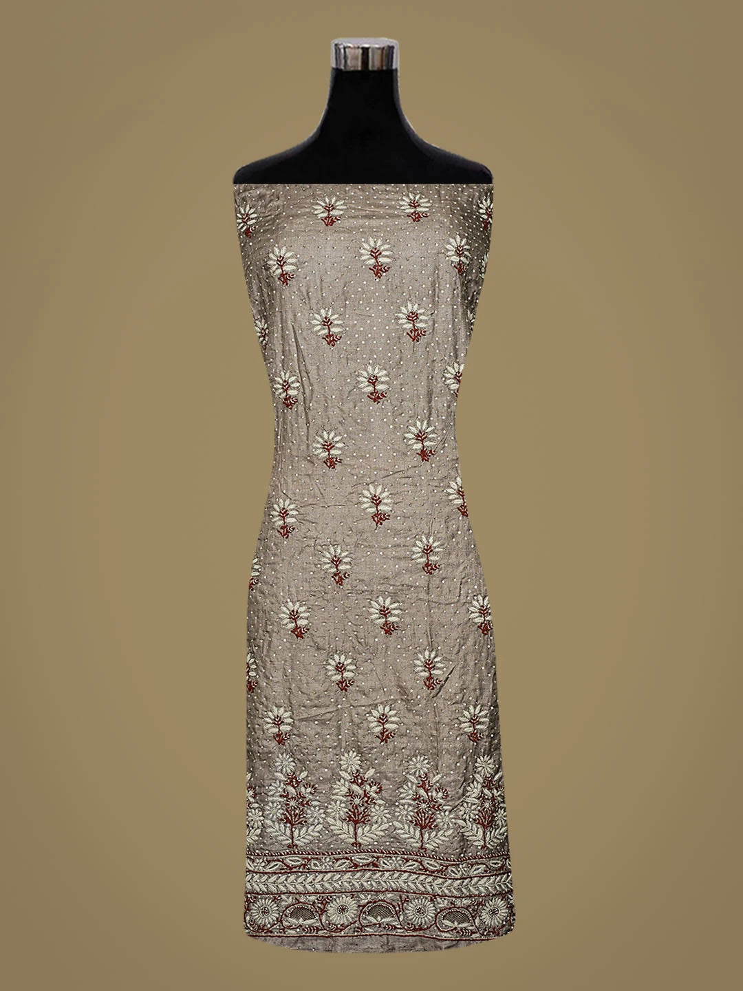 Ada Hand Embroidered Grey Silk Lucknowi Chikankari Unstitched Kurta Dupatta Set With Cutdana Work 01A727352