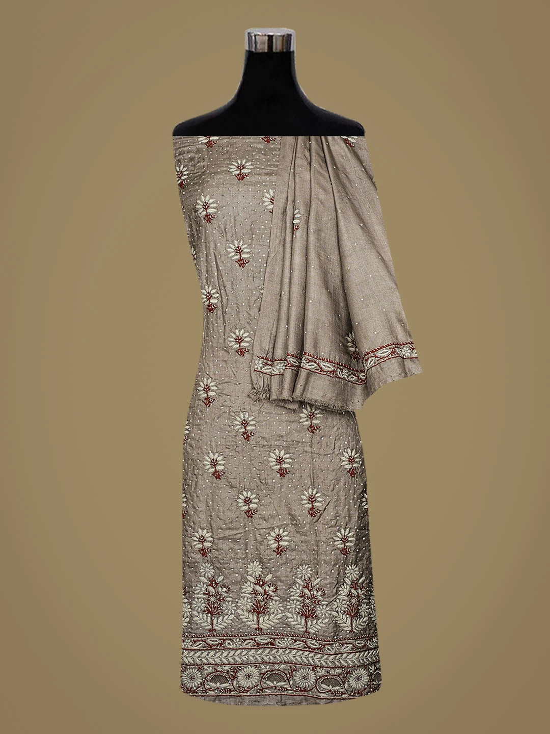 Ada Hand Embroidered Grey Silk Lucknowi Chikankari Unstitched Kurta Dupatta Set With Cutdana Work 01A727352