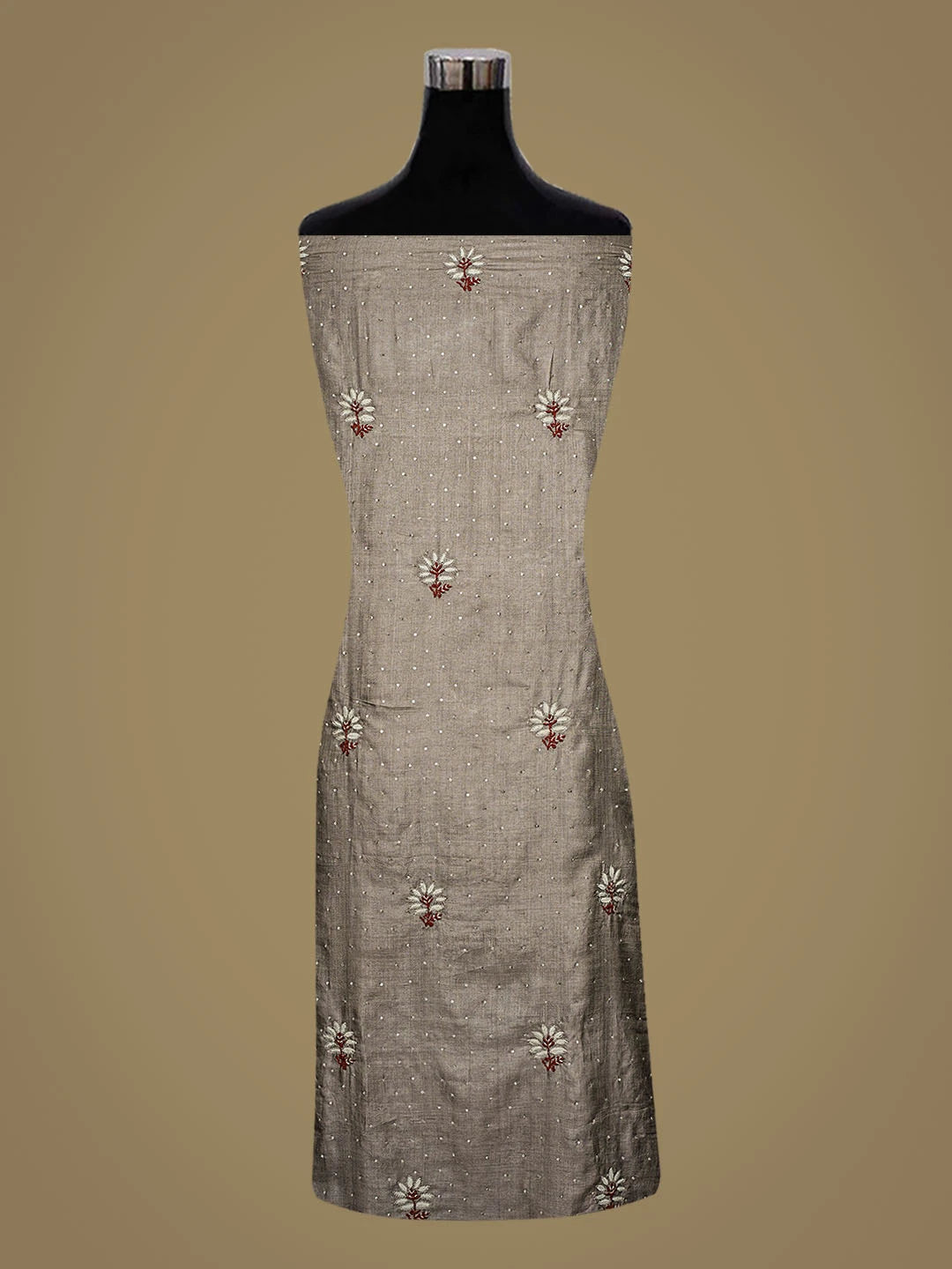 Ada Hand Embroidered Grey Silk Lucknowi Chikankari Unstitched Kurta Dupatta Set With Cutdana Work 01A727352