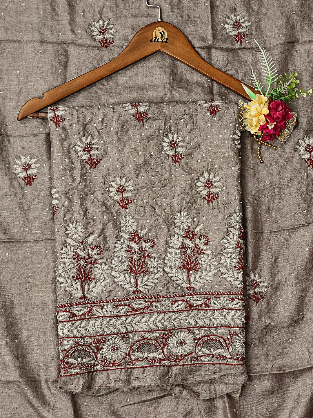 Ada Hand Embroidered Grey Silk Lucknowi Chikankari Unstitched Kurta Dupatta Set With Cutdana Work 01A727352