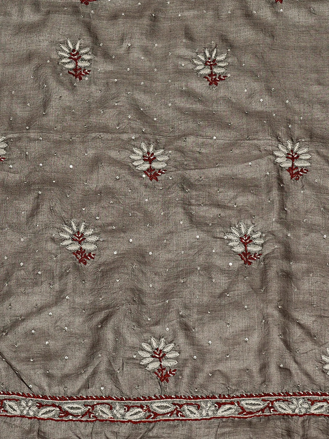 Ada Hand Embroidered Grey Silk Lucknowi Chikankari Unstitched Kurta Dupatta Set With Cutdana Work 01A727352