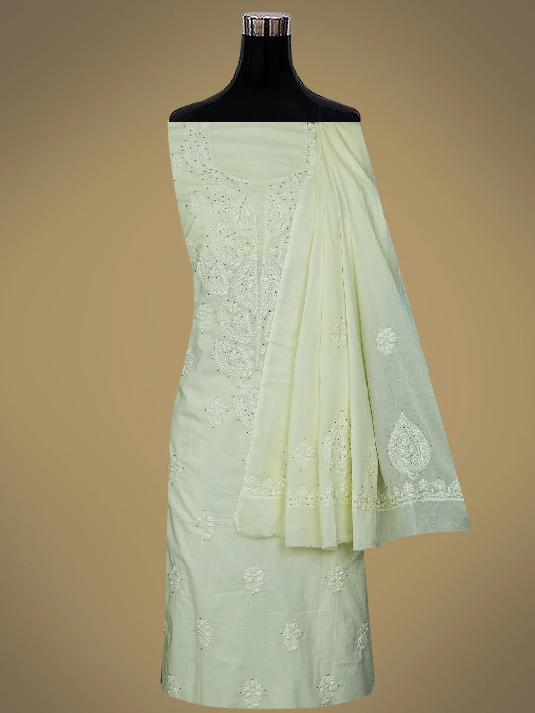 Ada Hand Embroidered Lemon Cotton Lucknowi Chikankari Unstitched Kurta Dupatta Set With Mukaish Work 01A760412