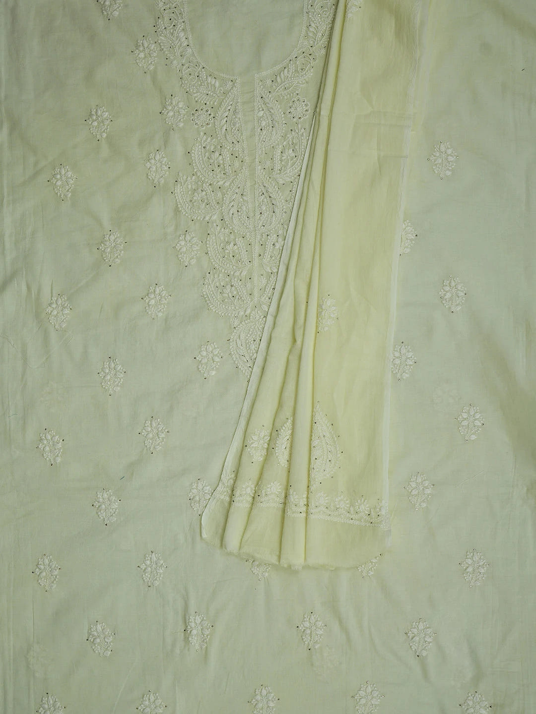 Ada Hand Embroidered Lemon Cotton Lucknowi Chikankari Unstitched Kurta Dupatta Set With Mukaish Work 01A760412
