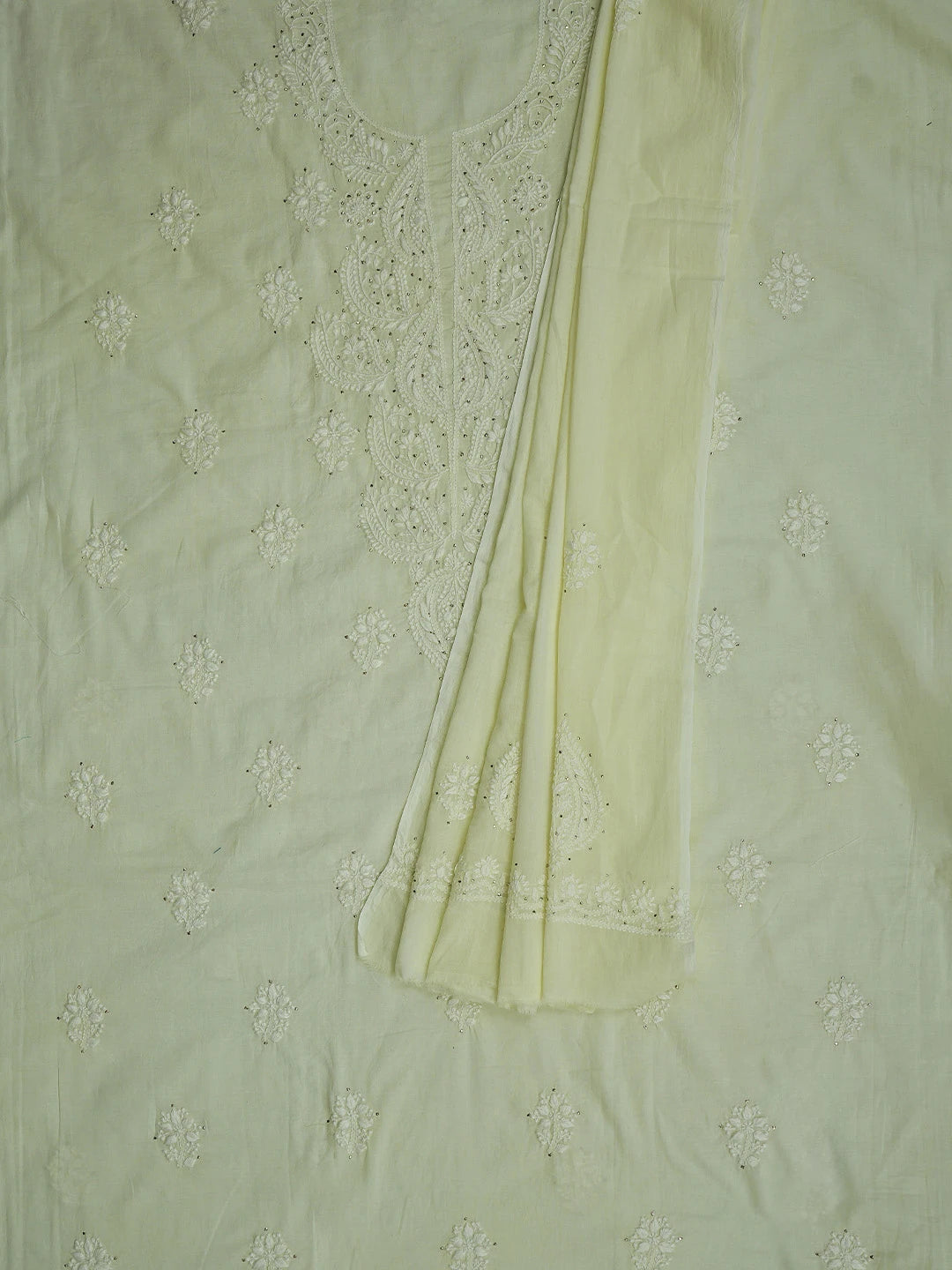 Ada Hand Embroidered Lemon Cotton Lucknowi Chikankari Unstitched Kurta Dupatta Set With Mukaish Work 01A760412