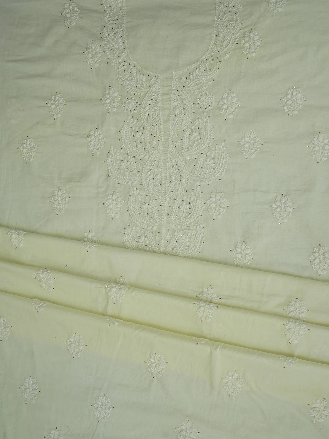 Ada Hand Embroidered Lemon Cotton Lucknowi Chikankari Unstitched Kurta Dupatta Set With Mukaish Work 01A760412