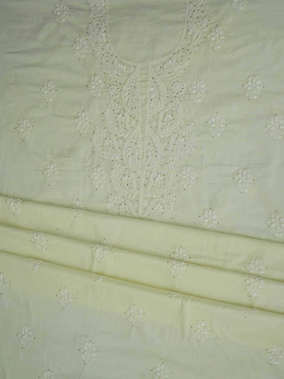 Ada Hand Embroidered Lemon Cotton Lucknowi Chikankari Unstitched Kurta Dupatta Set With Mukaish Work 01A760412