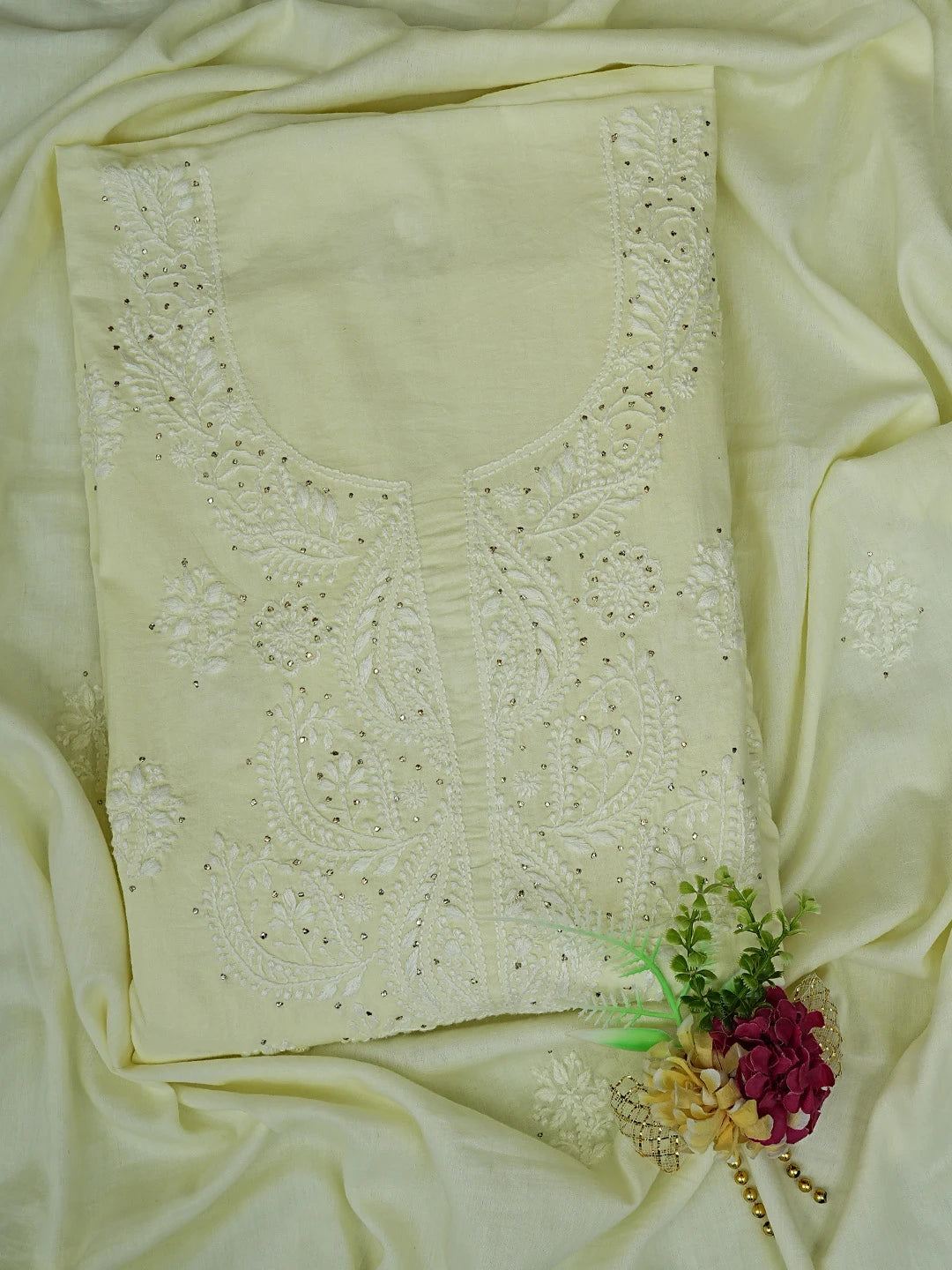 Ada Hand Embroidered Lemon Cotton Lucknowi Chikankari Unstitched Kurta Dupatta Set With Mukaish Work 01A760412