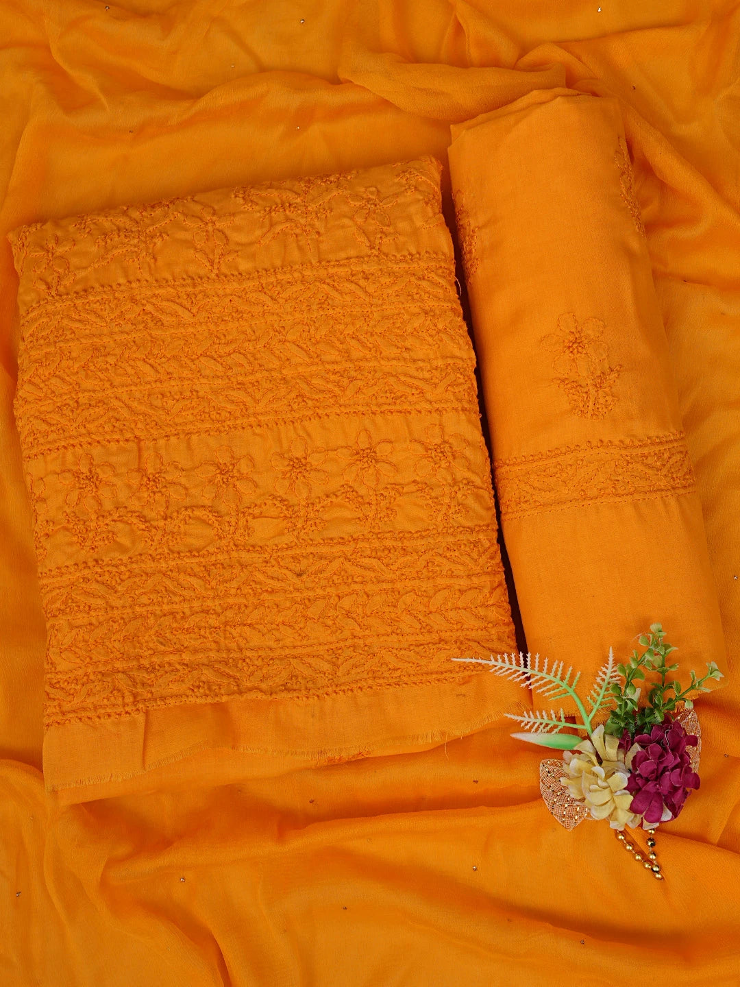 Ada Hand Embroidered Mustard Cotton Lucknowi Chikankari Unstitched Suit Piece 01A839624