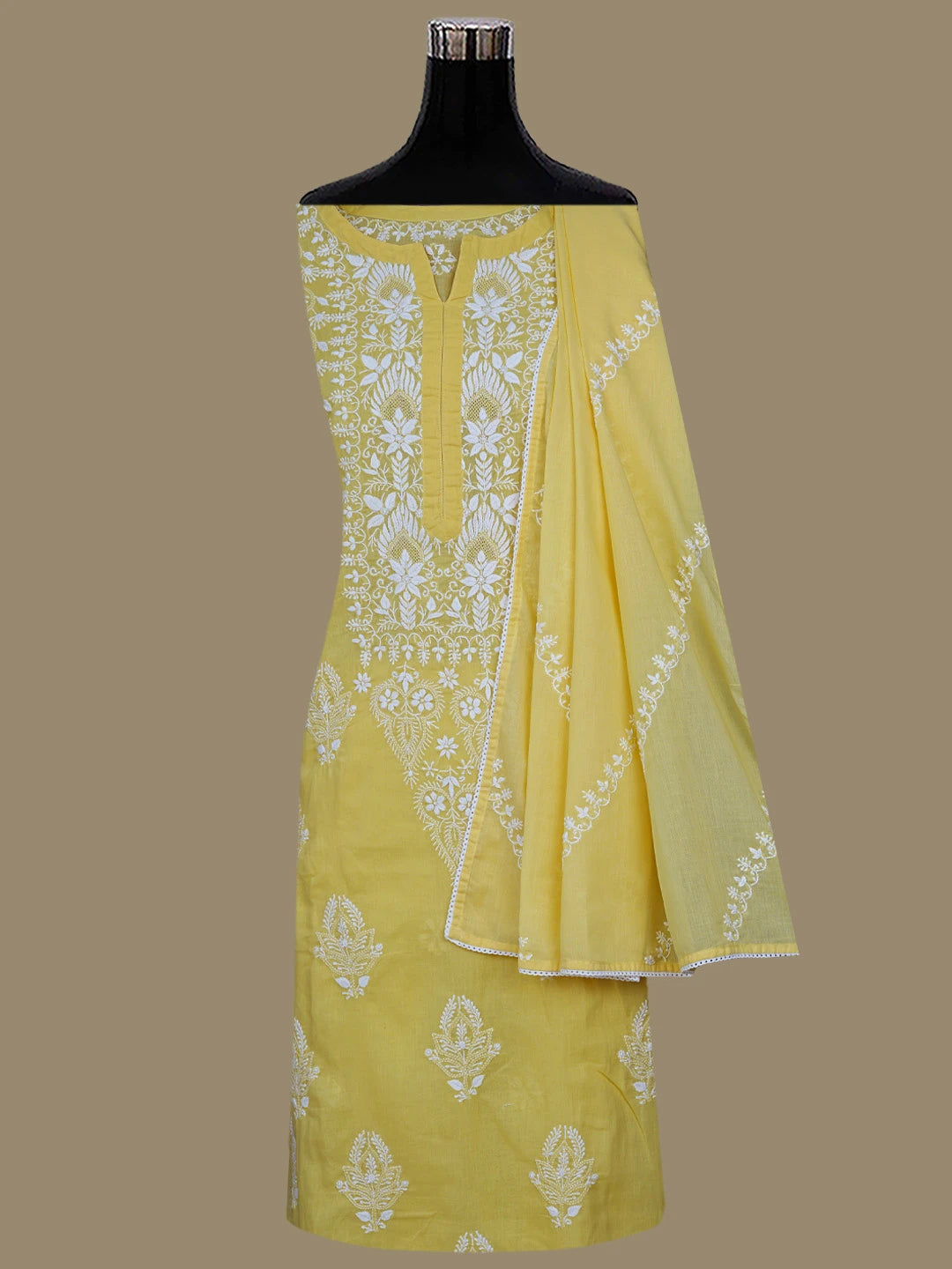 Ada Hand Embroidered Yellow Cotton Lucknowi Chikankari Semi-Stitched Kurta Dupatta Set 01A832335