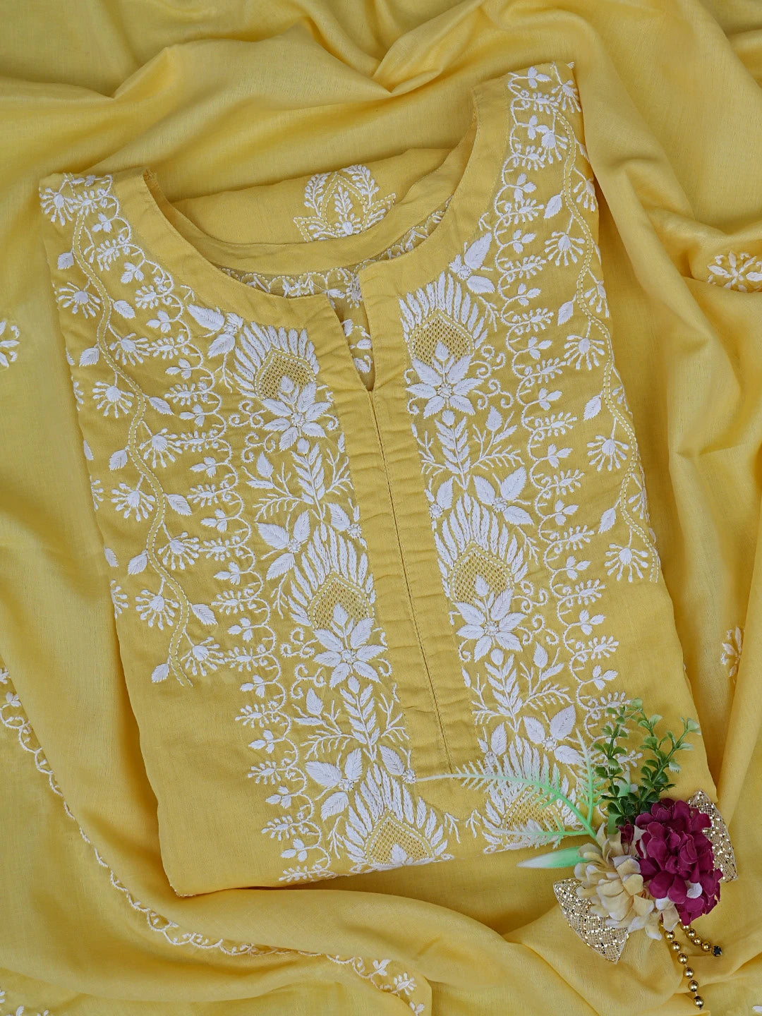 Ada Hand Embroidered Yellow Cotton Lucknowi Chikankari Semi-Stitched Kurta Dupatta Set 01A832335