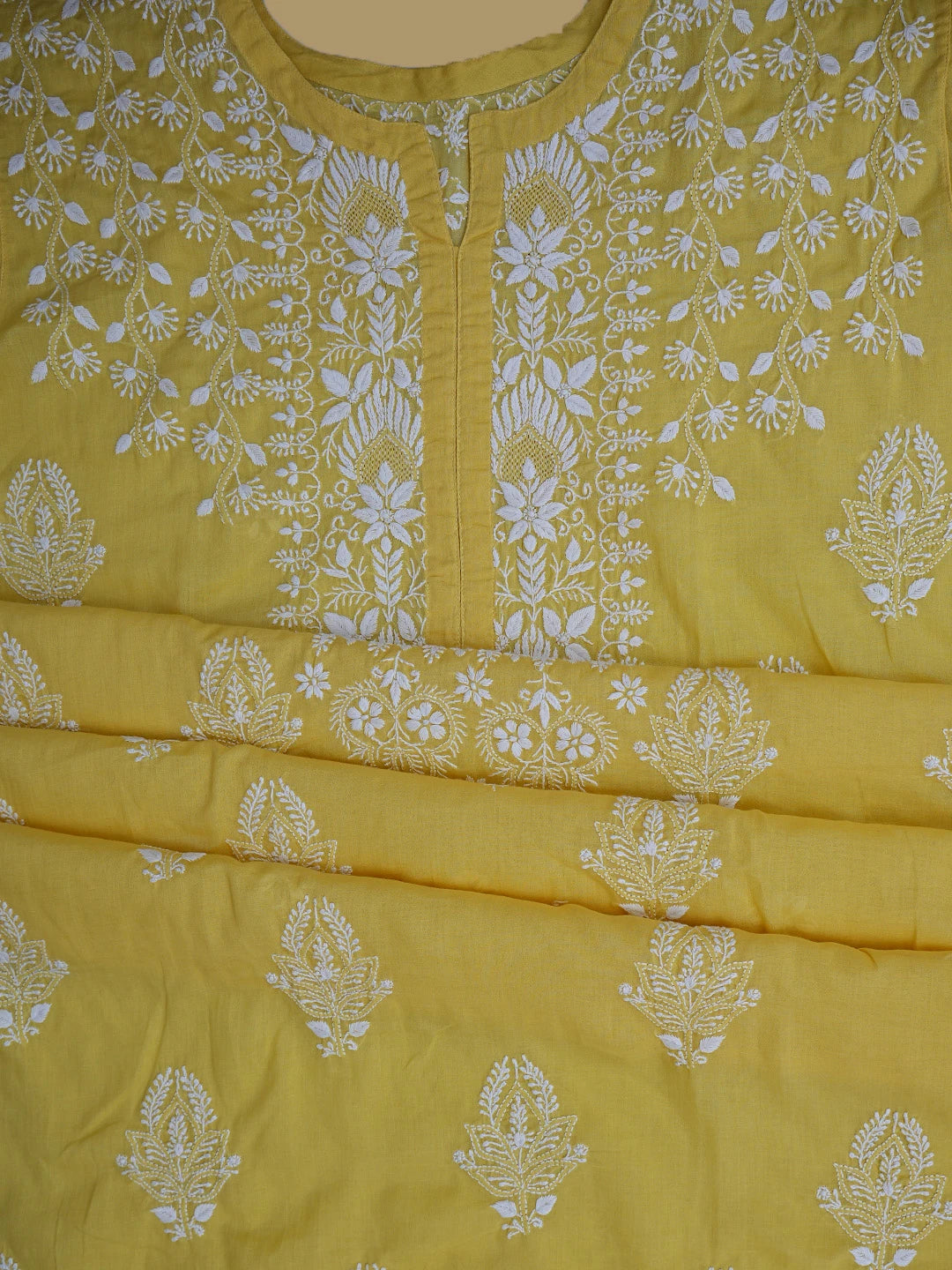 Ada Hand Embroidered Yellow Cotton Lucknowi Chikankari Semi-Stitched Kurta Dupatta Set 01A832335