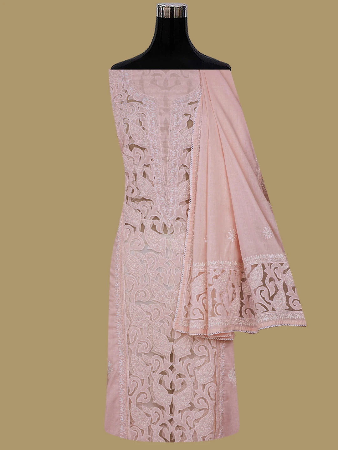 Ada Hand Embroidered Pink Cotton And Net Lucknowi Chikankari Semi-Stitched Kurta Dupatta Set 01A813831