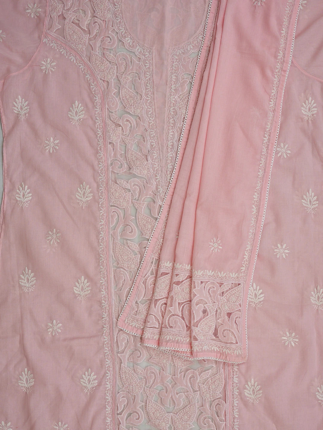 Ada Hand Embroidered Pink Cotton And Net Lucknowi Chikankari Semi-Stitched Kurta Dupatta Set 01A813831