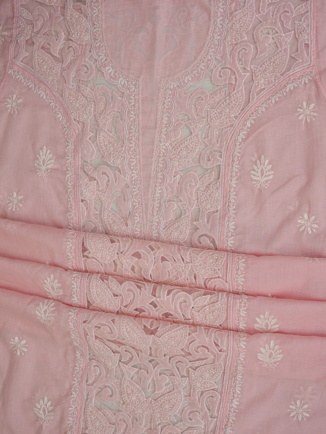 Ada Hand Embroidered Pink Cotton And Net Lucknowi Chikankari Semi-Stitched Kurta Dupatta Set 01A813831