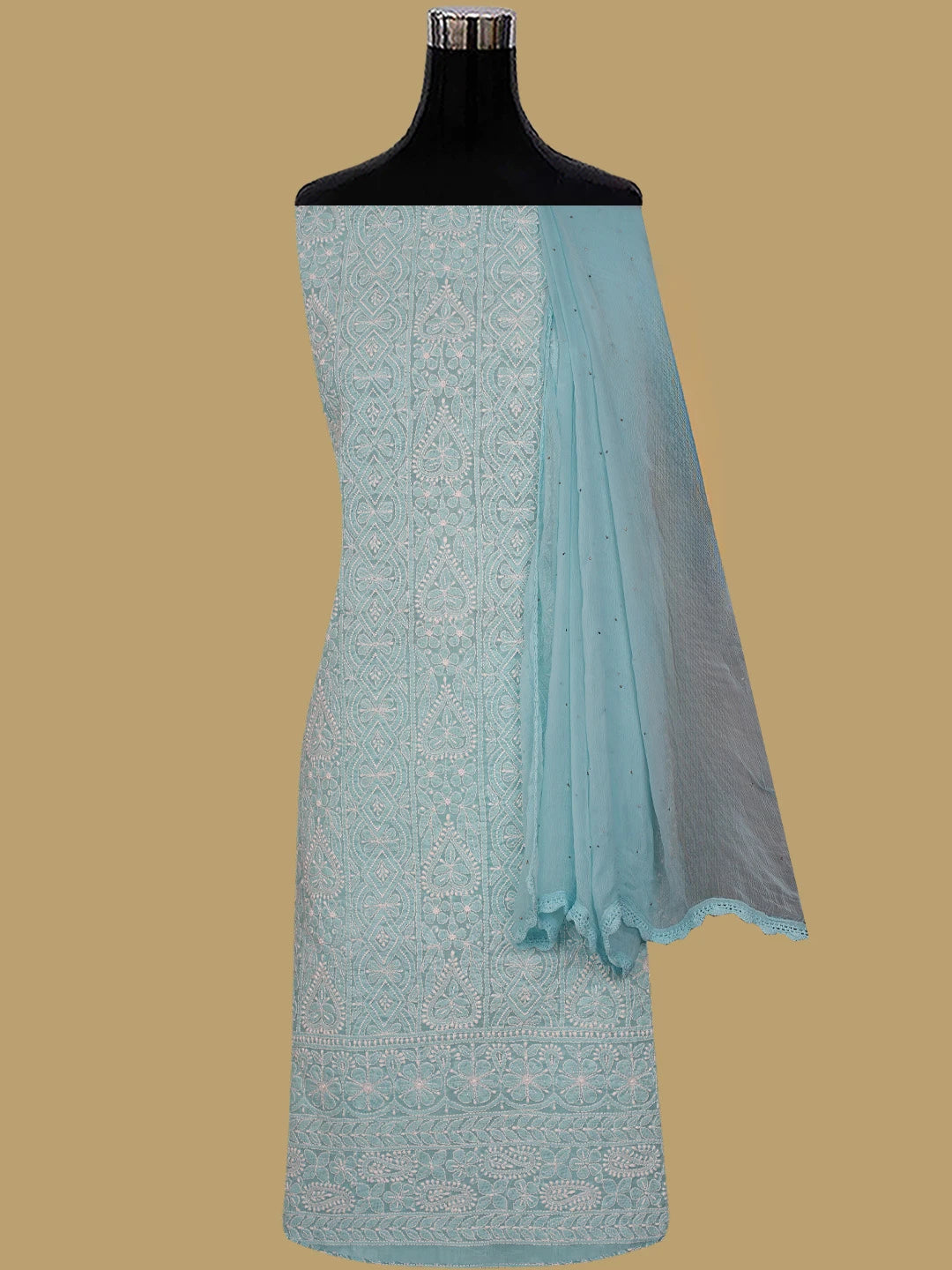Ada Hand Embroidered Blue Cotton Lucknowi Chikankari Unstitched Suit Piece With Pearl Work 01A762610
