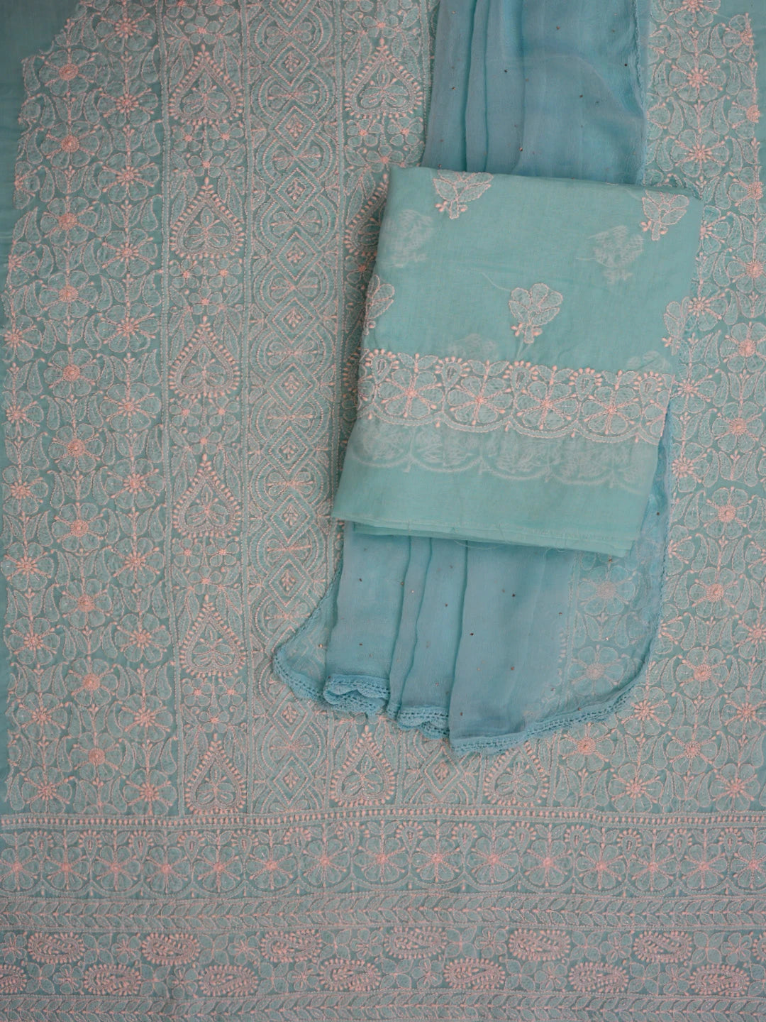 Ada Hand Embroidered Blue Cotton Lucknowi Chikankari Unstitched Suit Piece With Pearl Work 01A762610
